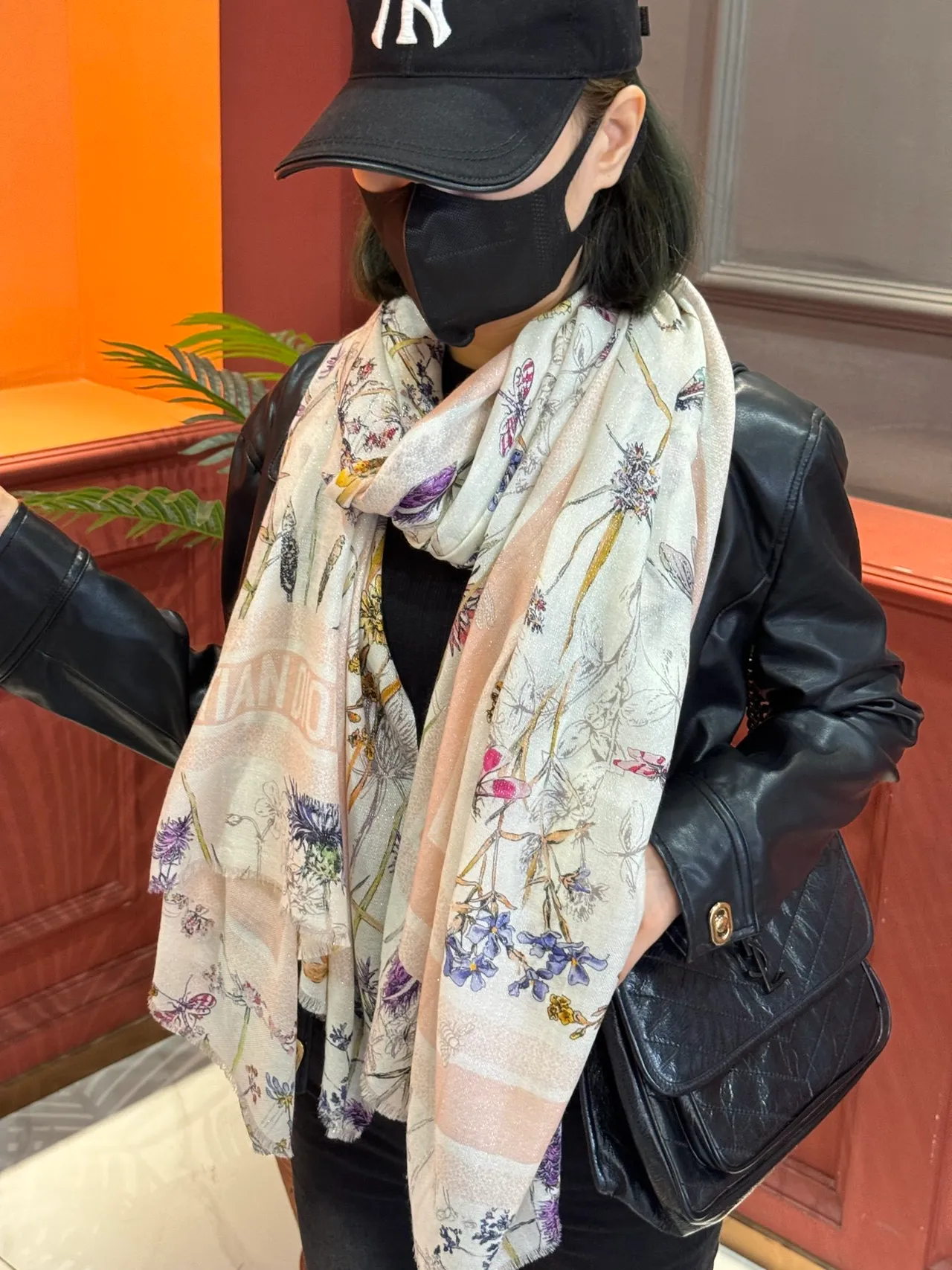 Beige Multicolor Botanical Print Sheer Lightweight Silk Scarf