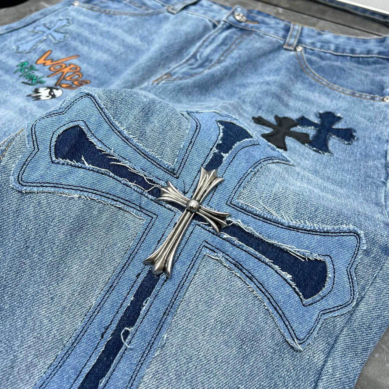 Chrome Hearts Cross Appliqué Light Wash Denim Jeans