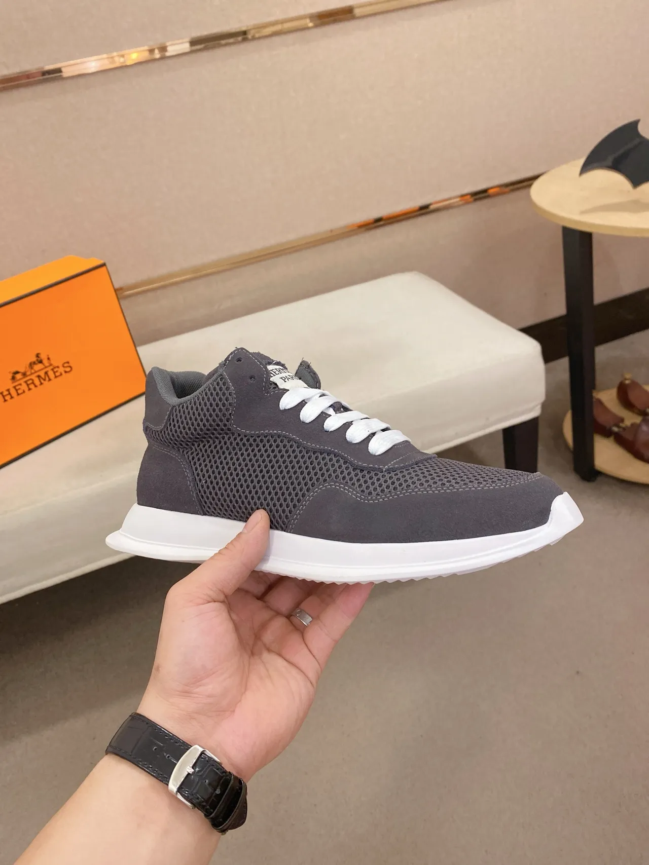 Hermès Gray White Mesh And Suede Upper Low-Top Sneakers