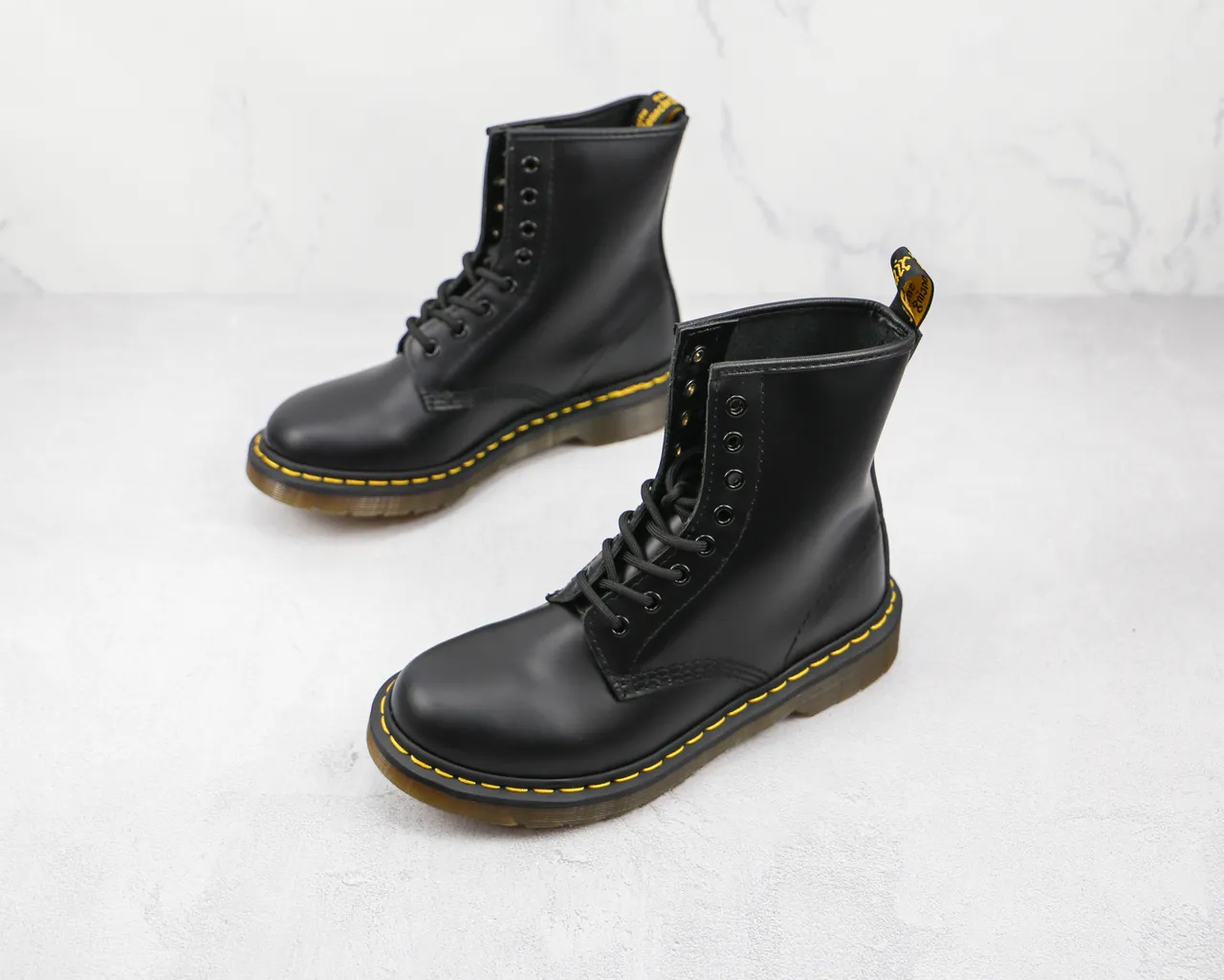 Dr. Martens 1460 Black Smooth Leather Yellow Stitch Martin Boots