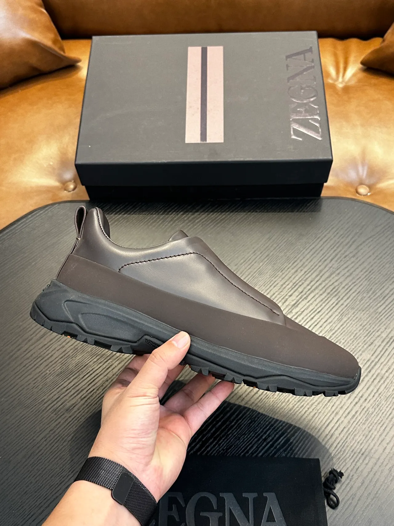Zegna Gray Black Slip-On Leather Upper Sneakers