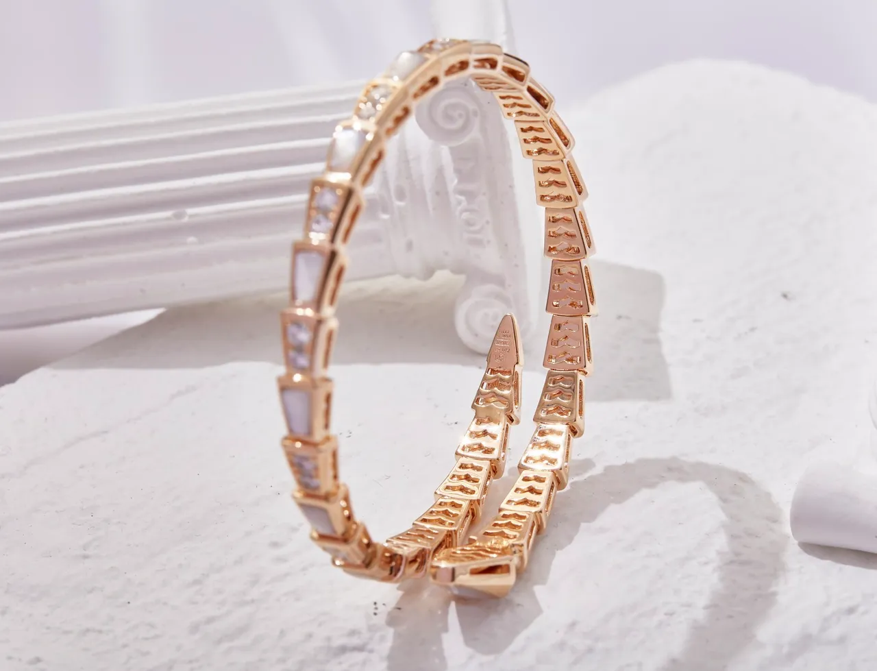 Bvlgari Serpenti Coiled Gold-Tone Mother-of-Pearl and Crystal Bracelet