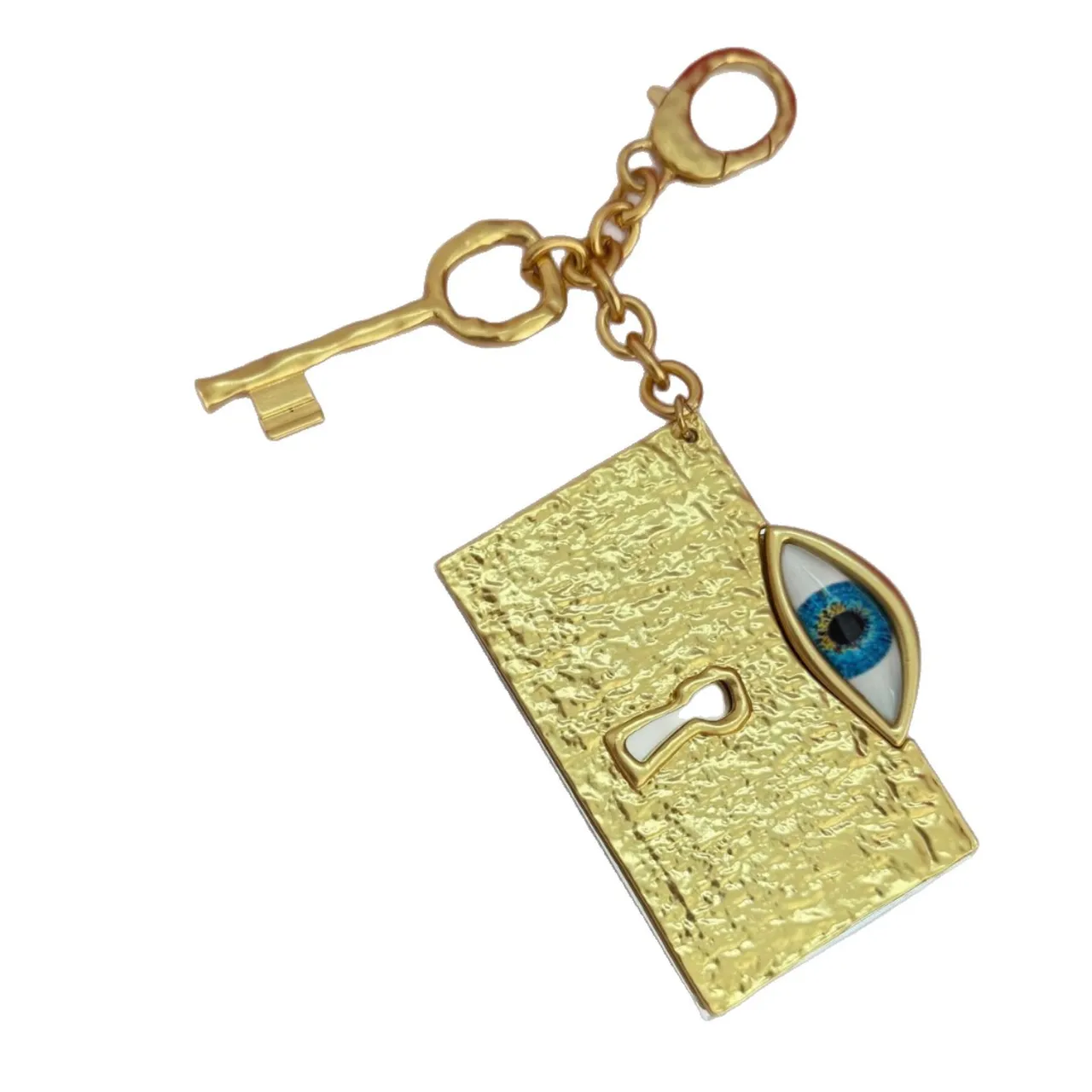 Gold-Tone Textured Plaque Mirror Eye Charm Keychain Bracelet