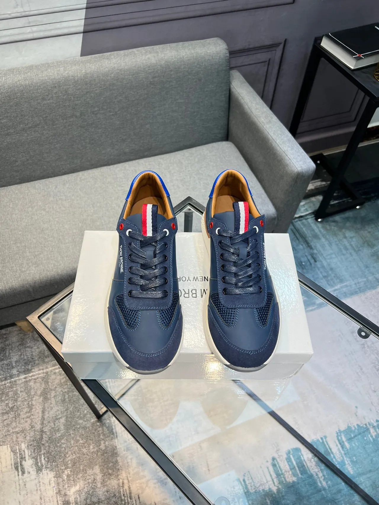 Thom Browne Navy Blue Mixed-Material Lifestyle Sneaker