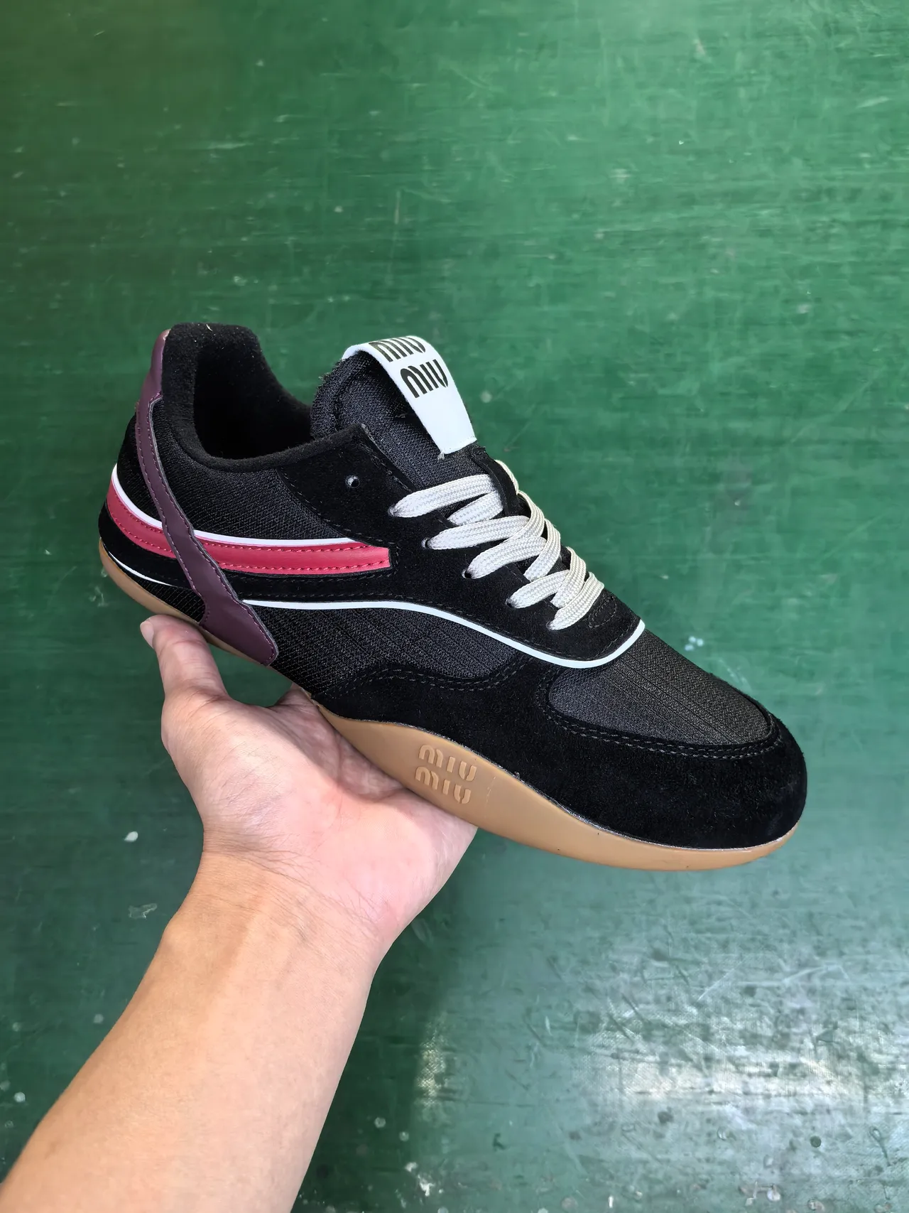 Miu Miu Black Purple Low-Top Mesh-Suede Hybrid Sneakers