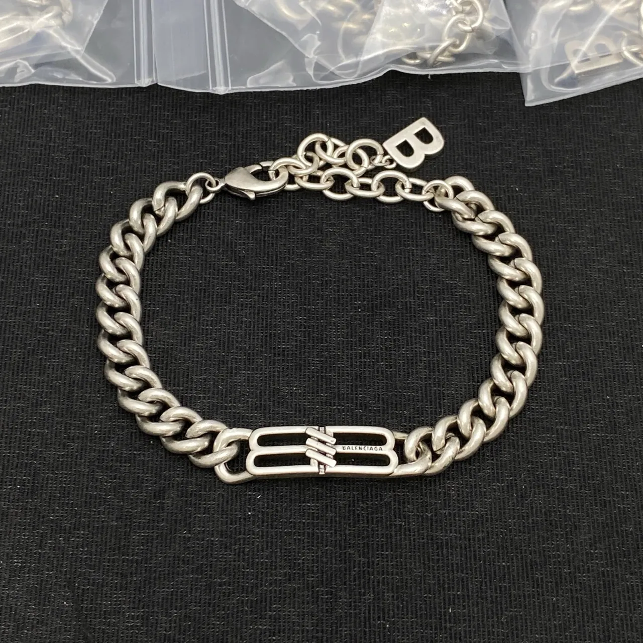 Balenciaga Silver Chunky Curb Chain Logo-Bar Centerpiece Bracelet