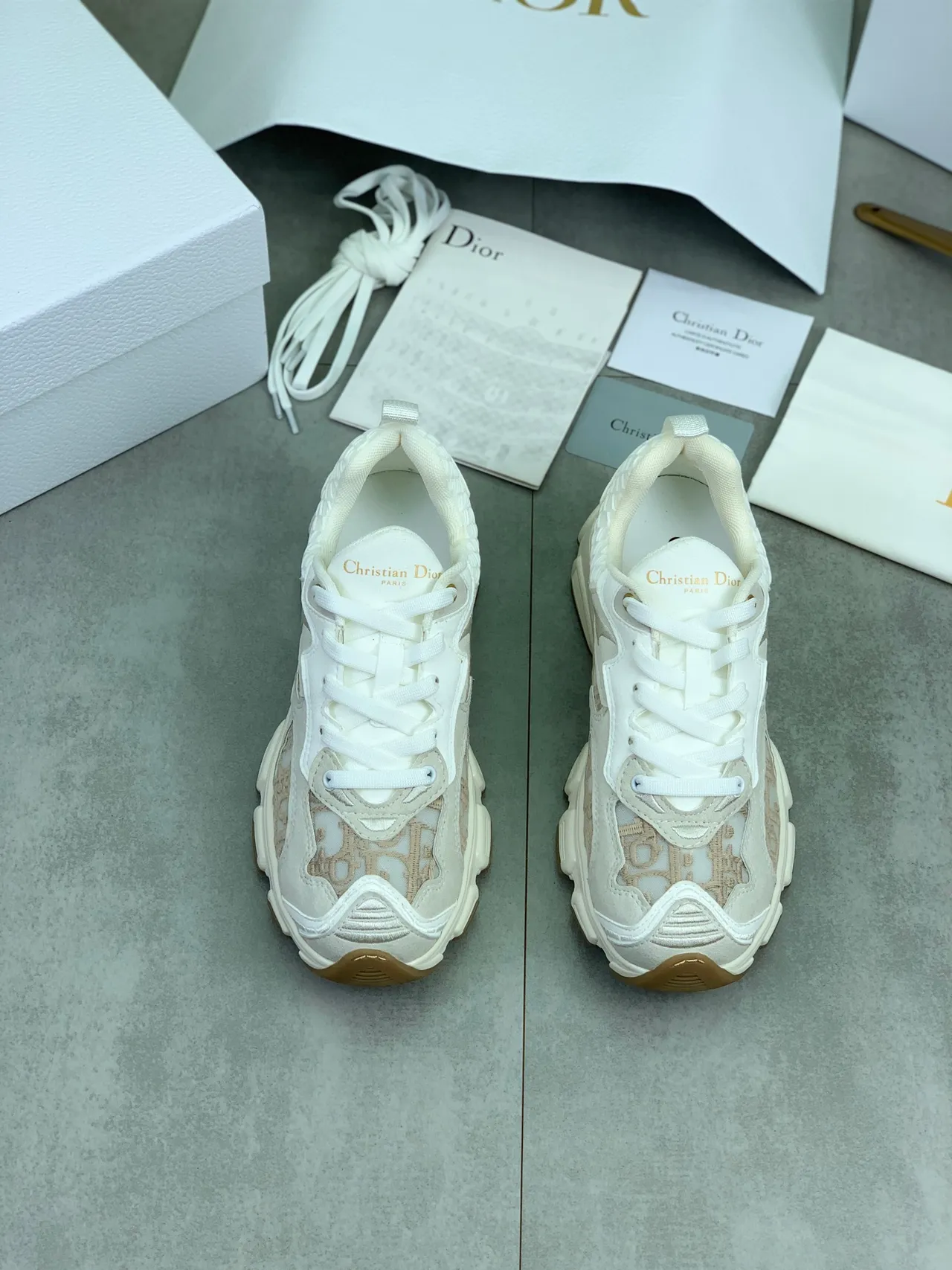 Dior White Beige Monogrammed Jacquard Upper Sculpted Sole Chunky Sneakers