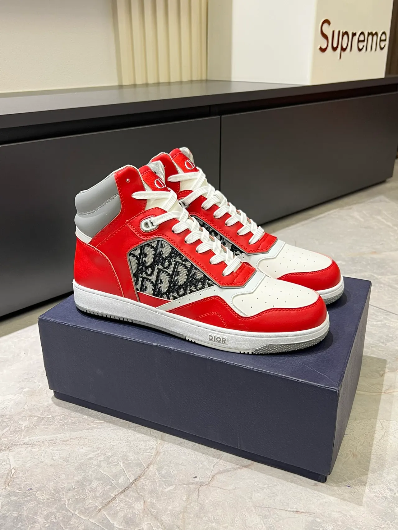 Dior B23 High Red and White Monogram Lifestyle Sneakers