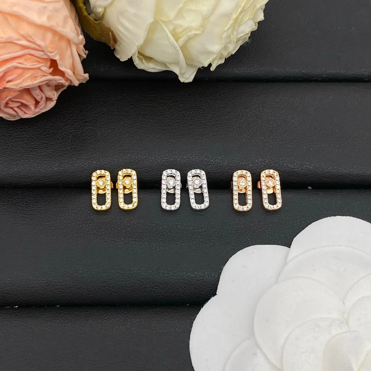 Messika Gold Silver Rectangular Frame Pavé Diamond Halo Earrings