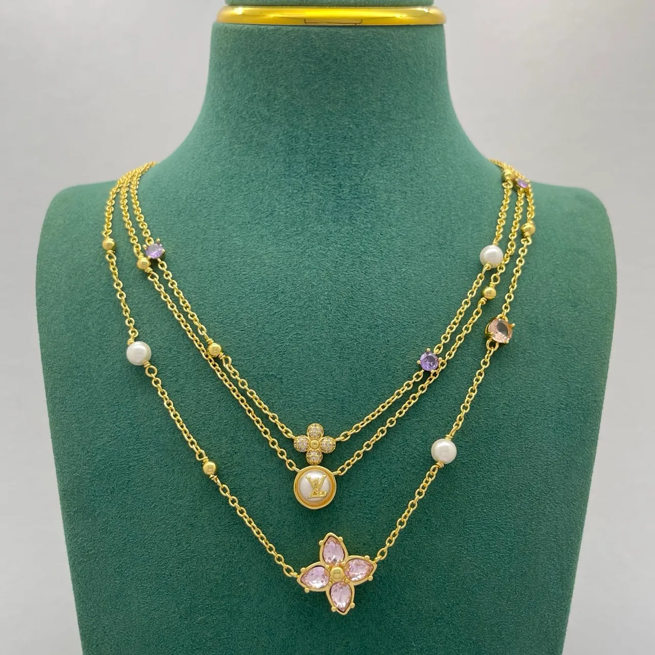 Louis Vuitton Monogram Flower Multi-Strand Pearl and Gemstone Necklace