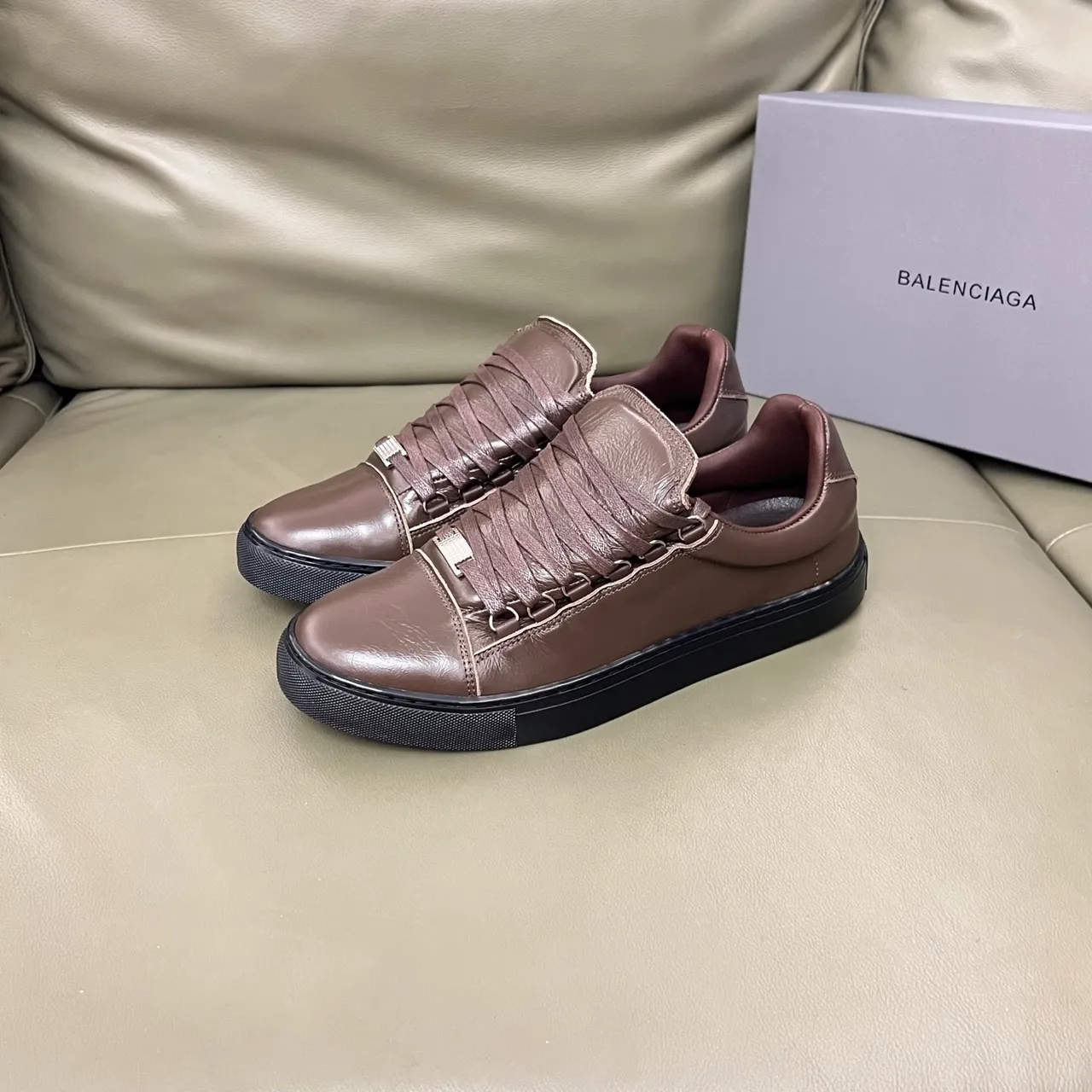 Balenciaga Speed Trainer Brown Leather Strap Laceless Lifestyle Sneaker