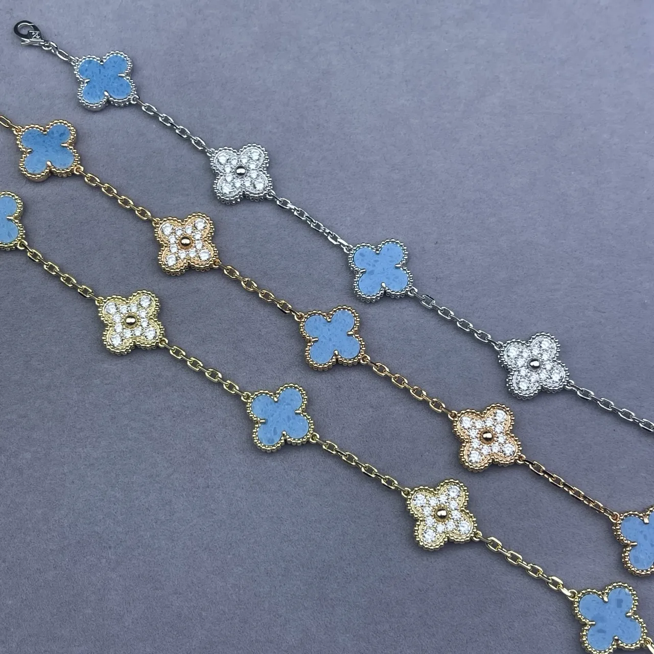 Van Cleef & Arpels Alhambra Gold Blue Chain Quatrefoil Clover Motifs Bracelet