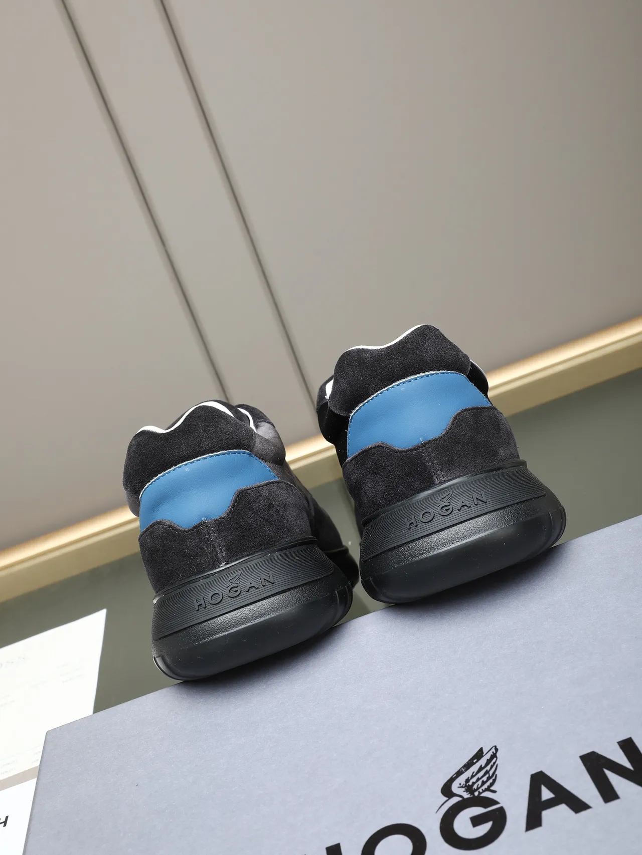 Hogan Black Blue Suede Upper H-Shaped Side Panel Lifestyle Sneakers