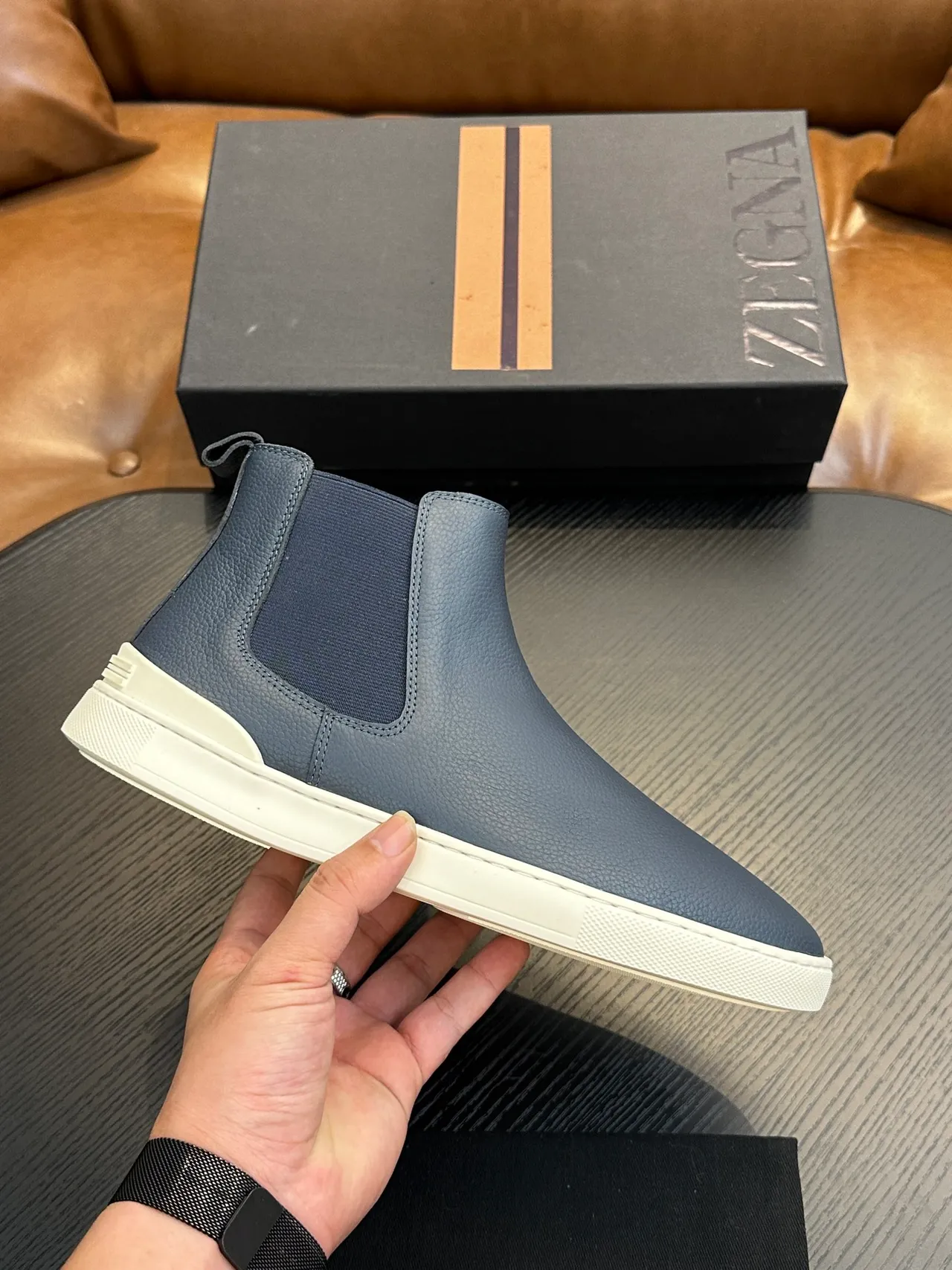 Zegna Blue White Textured Leather Upper Navy Elastic Side Gusset Chelsea Boots