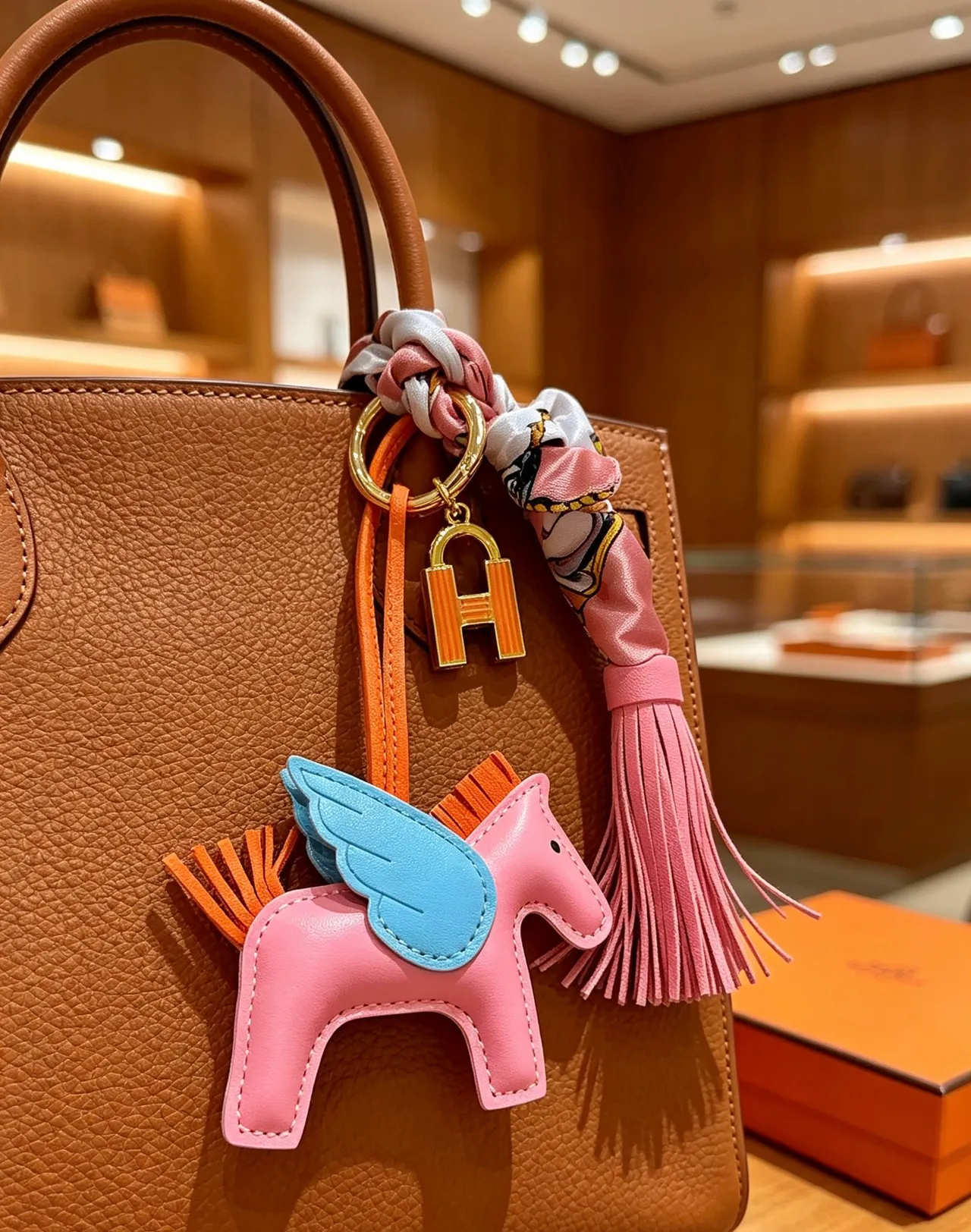 Hermès Grigri Pégase Pink Blue Leather Winged Horse Charm Stitched Silhouette Tote Bag