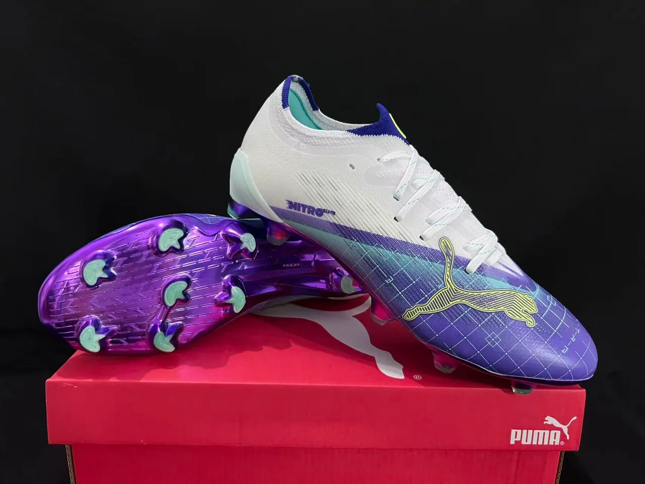 Puma Nitro Purple White Low-Cut Knit Upper Gradient Firm-Ground Soccer Shoes