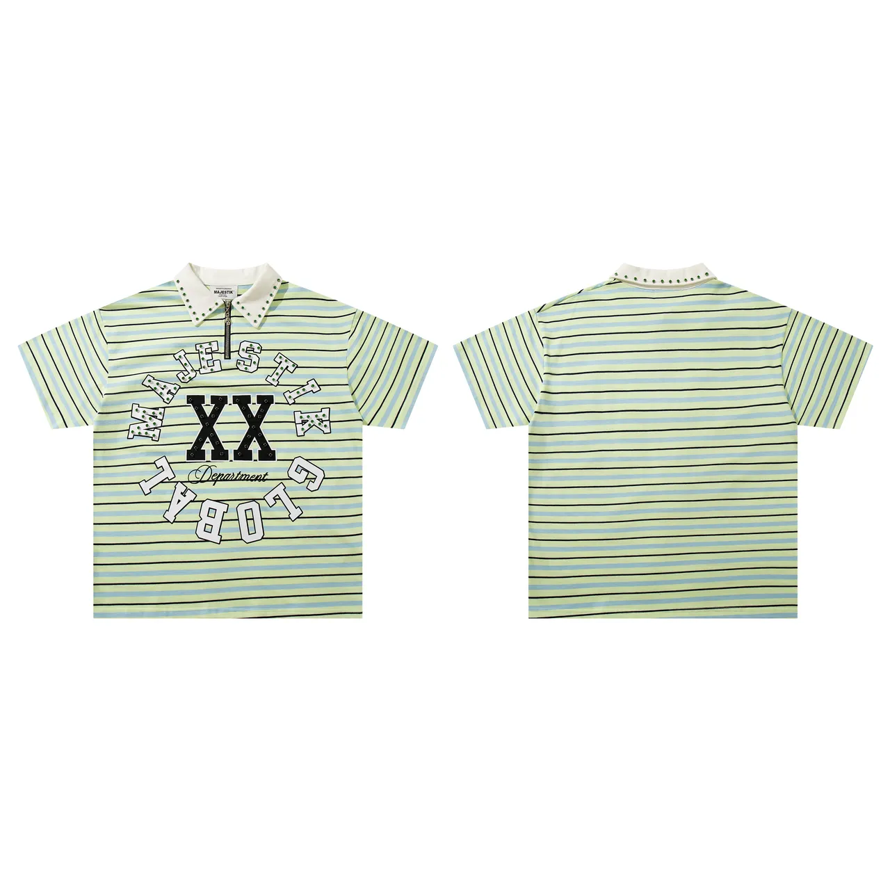 MAJESTIK Striped Studded Collar Half-Zip Polo Shirt