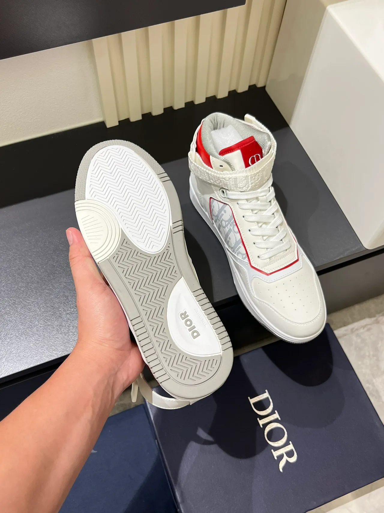 Dior B23 White and Red Monogram High-Top Lifestyle Sneakers