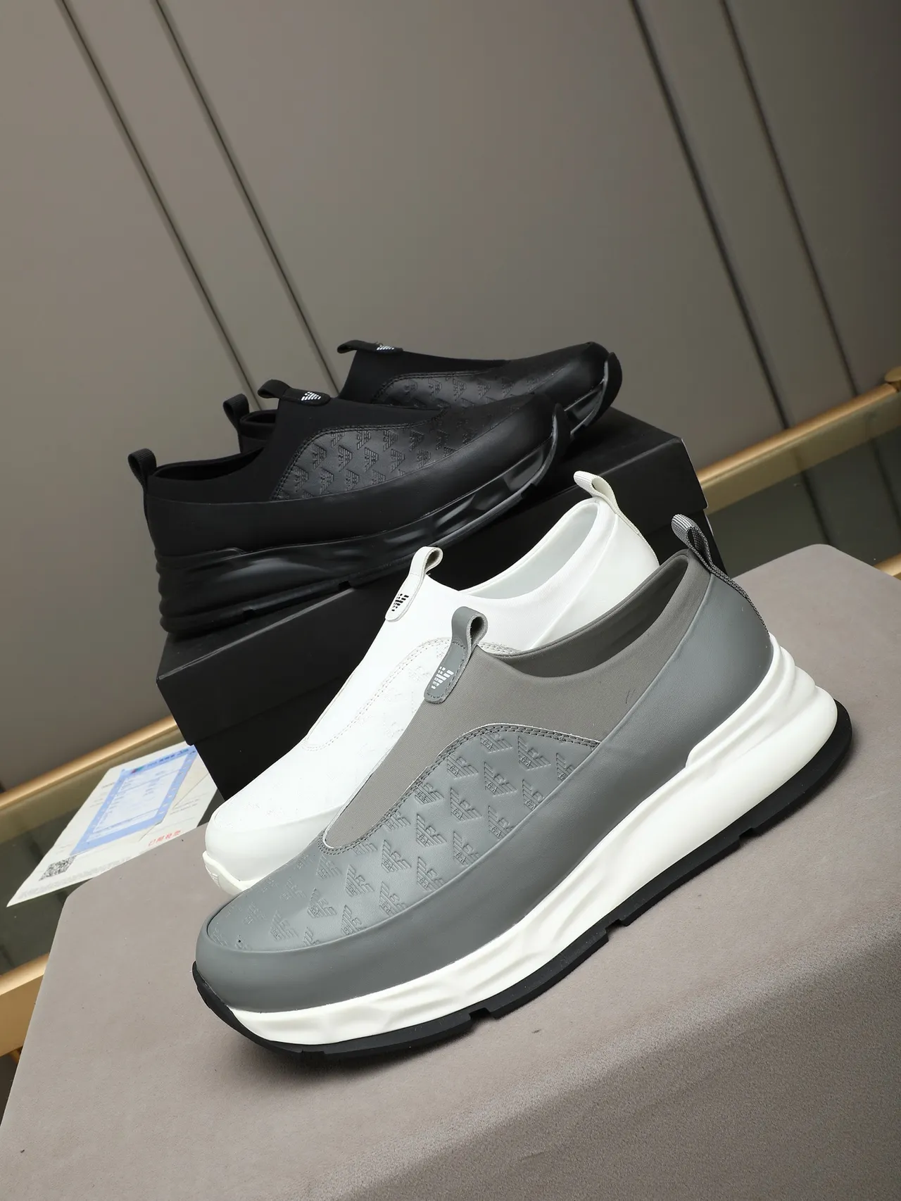 Giorgio Armani Gray White Slip-On Embossed Logo Panel Lifestyle Sneakers