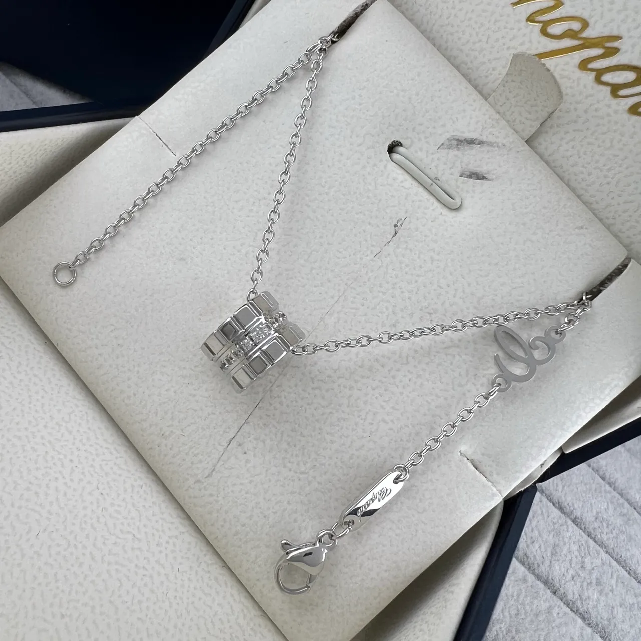 Chopard Gold Silver Geometric Barrel Pendant Pavé-Set Stones Necklace