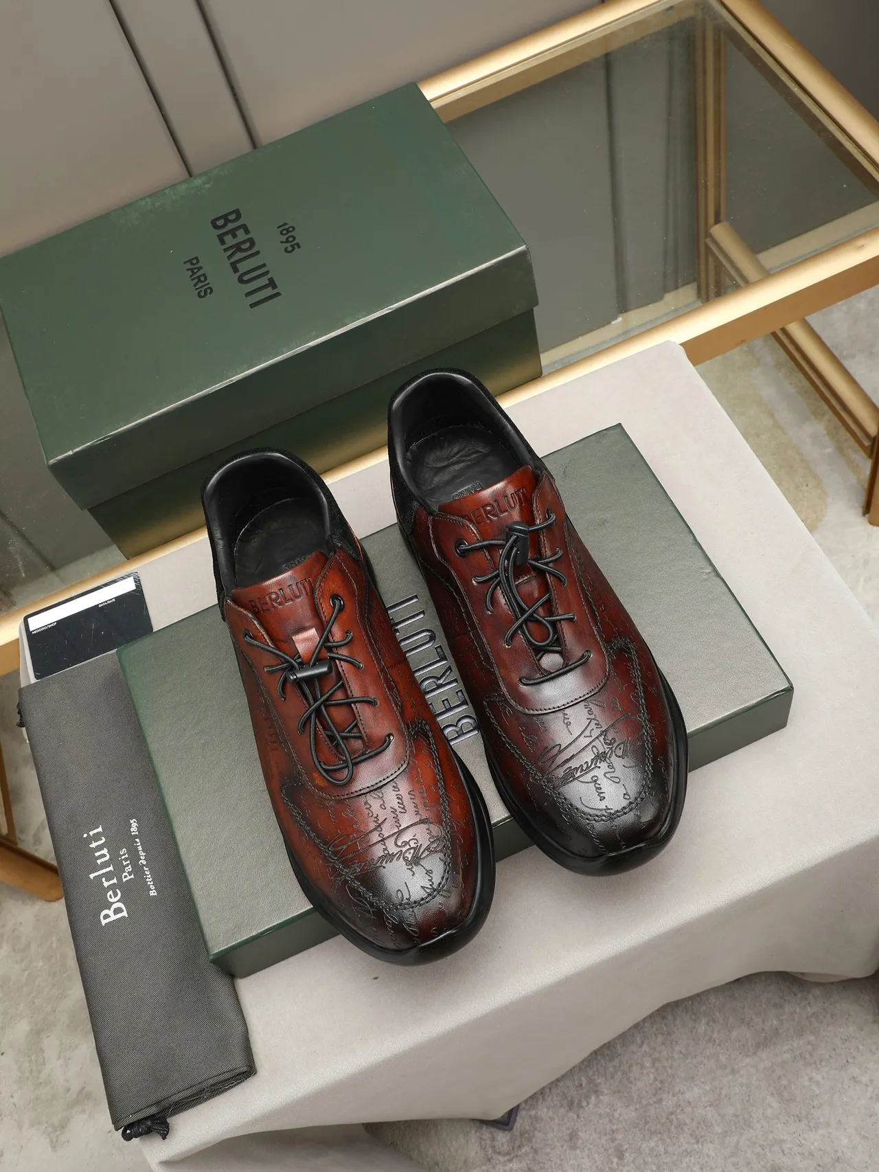 Berluti Embossed Script Leather Brown and Black Lifestyle Sneaker