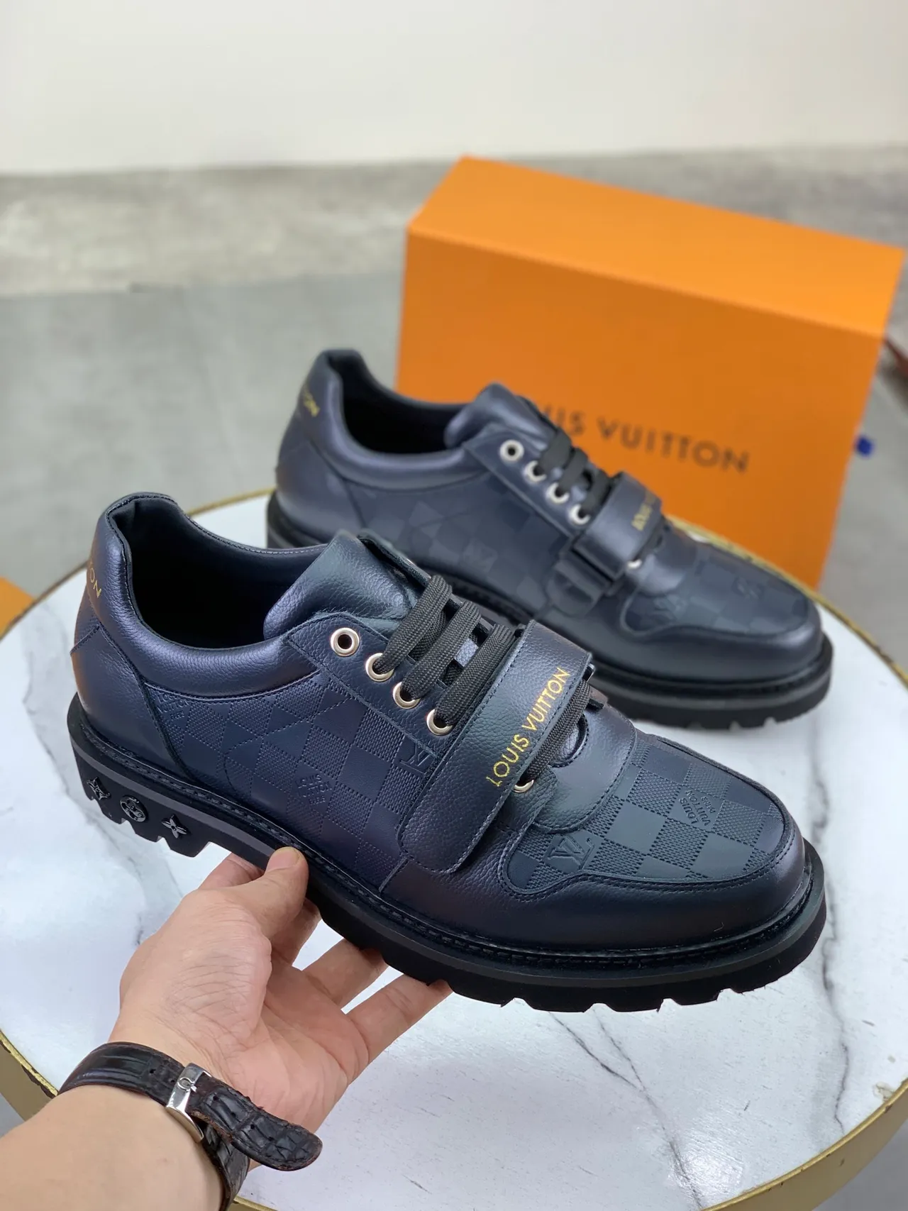 Louis Vuitton Run Away Navy Black Checkered Leather Dual Lace-and-Strap Closure Casual Shoes