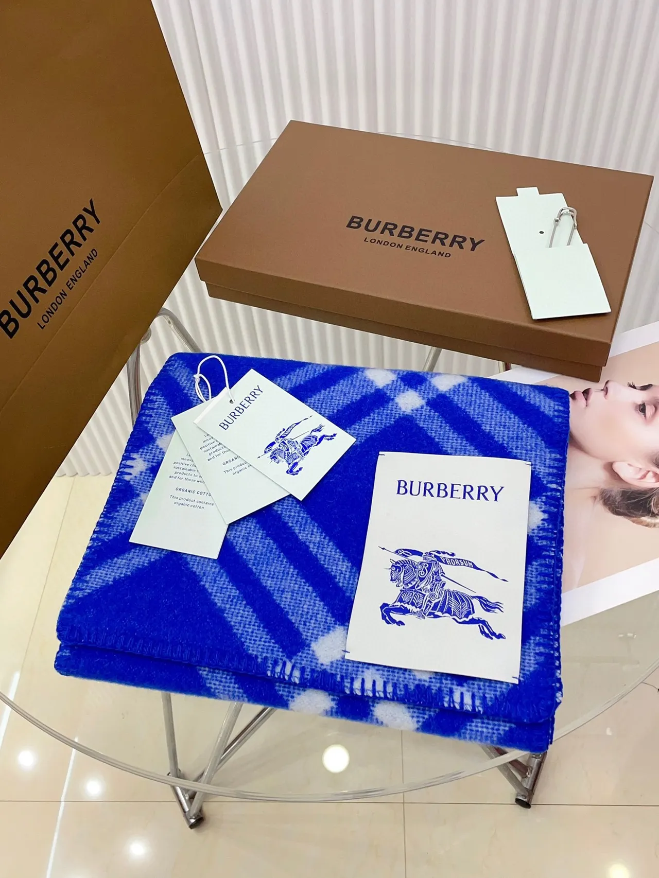 Burberry Blue and White Check Cashmere Scarf