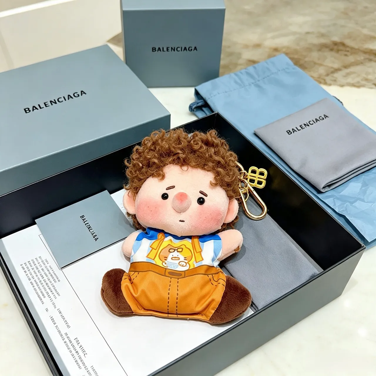 Balenciaga Brown Blue Plush Doll Keychain Accessory Handbag