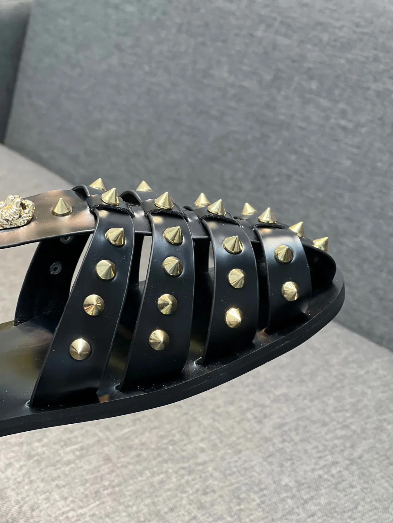 Gucci Dionysus Gladiator Black Gold Multi-Strap Studded Gladiator Sandals