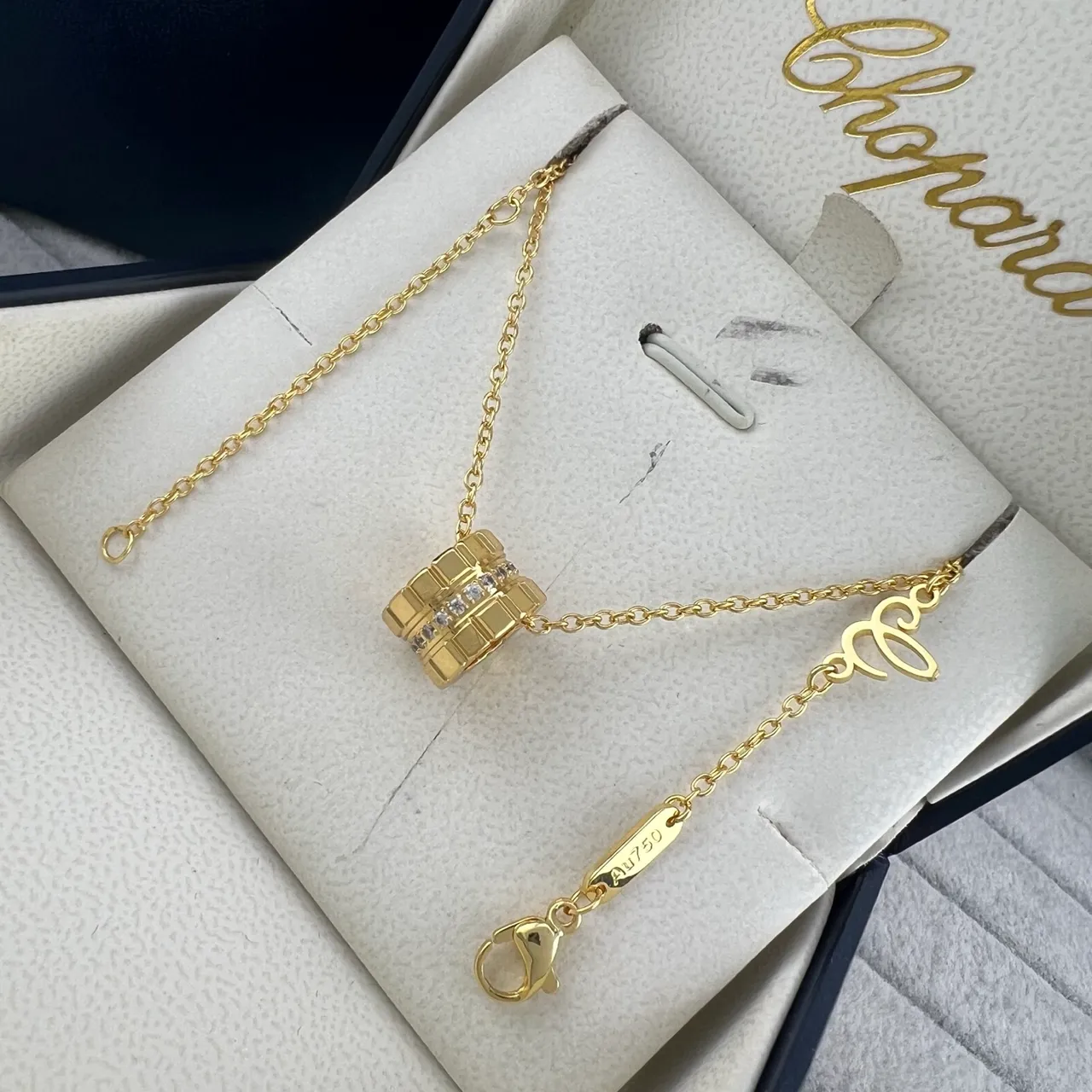 Chopard Gold Silver Geometric Barrel Pendant Pavé-Set Stones Necklace