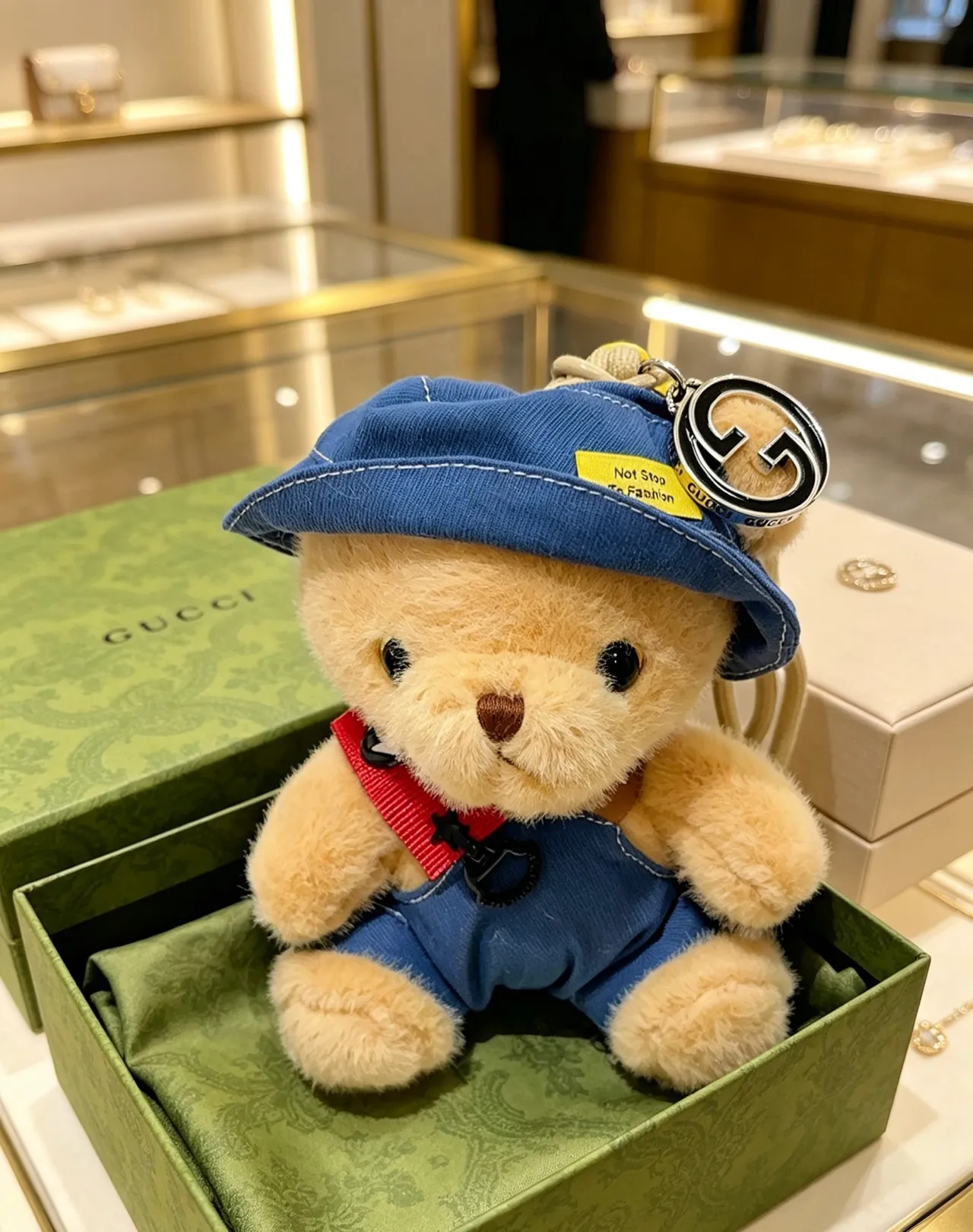 Gucci Beige Blue Plush Teddy Bear Denim-Style Hat And Overalls Handbag
