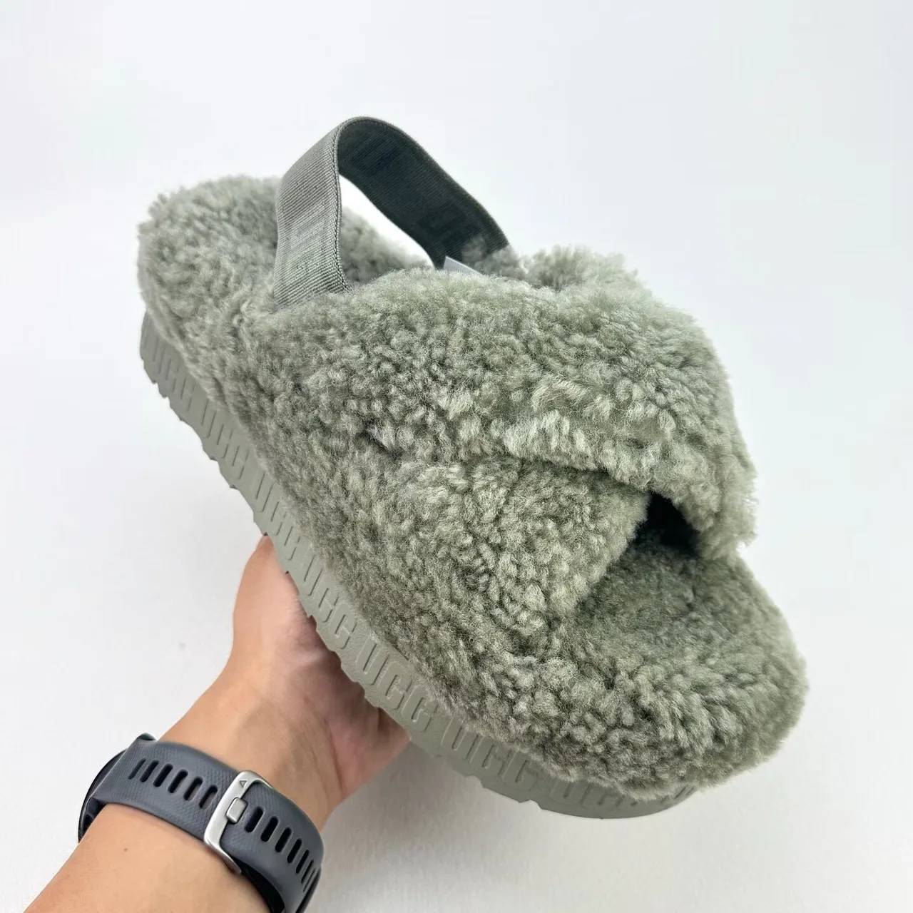 UGG Tasman Gray Shearling Platform Slippers