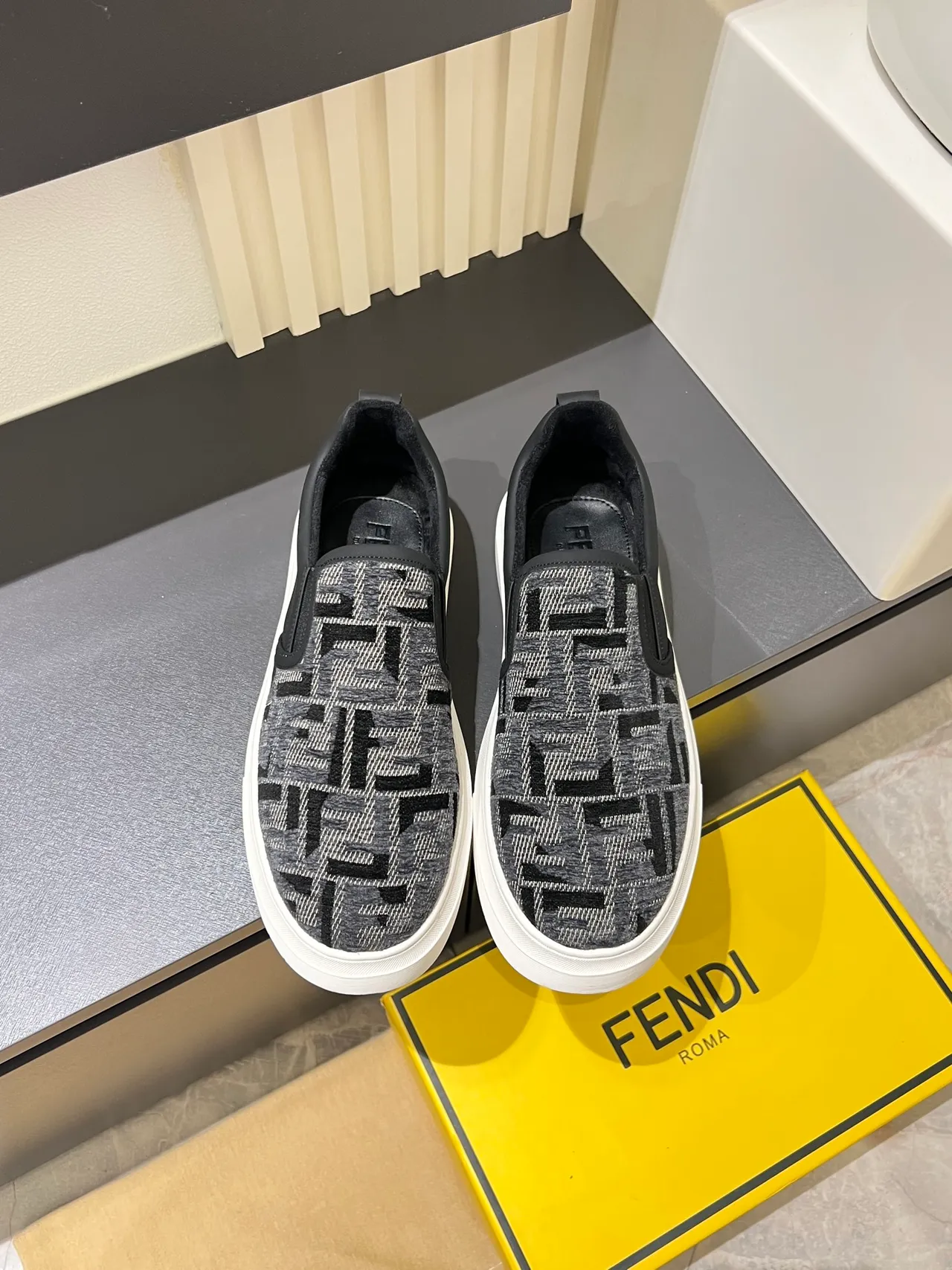 Supreme Slip-On Monogram Knit Gray Black White Lifestyle Sneakers