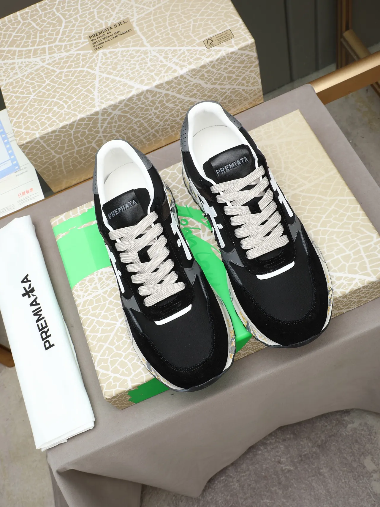 Premiata Black White Layered Suede And Mesh Upper Contrasting Logo Sneakers