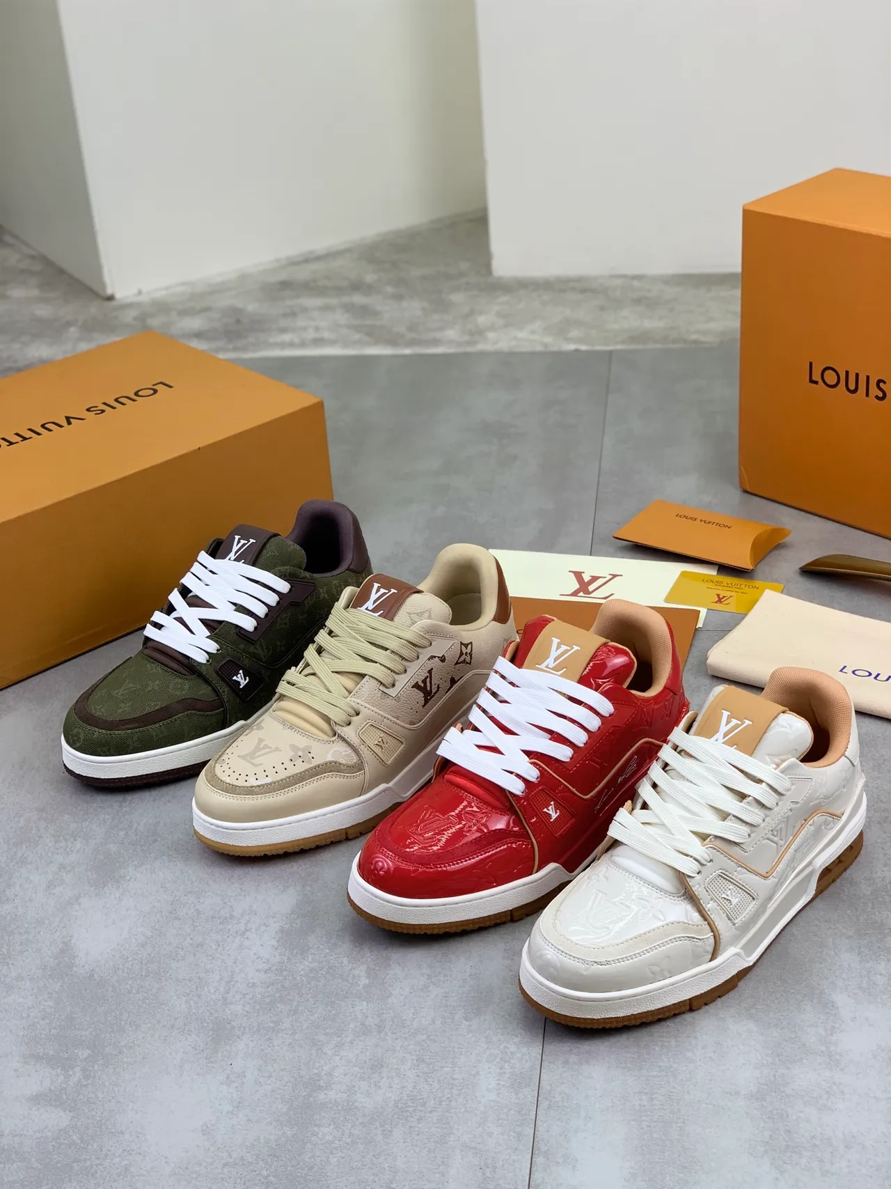 Louis Vuitton LV Trainer Red Beige Patent Leather Monogrammed Lifestyle Sneakers