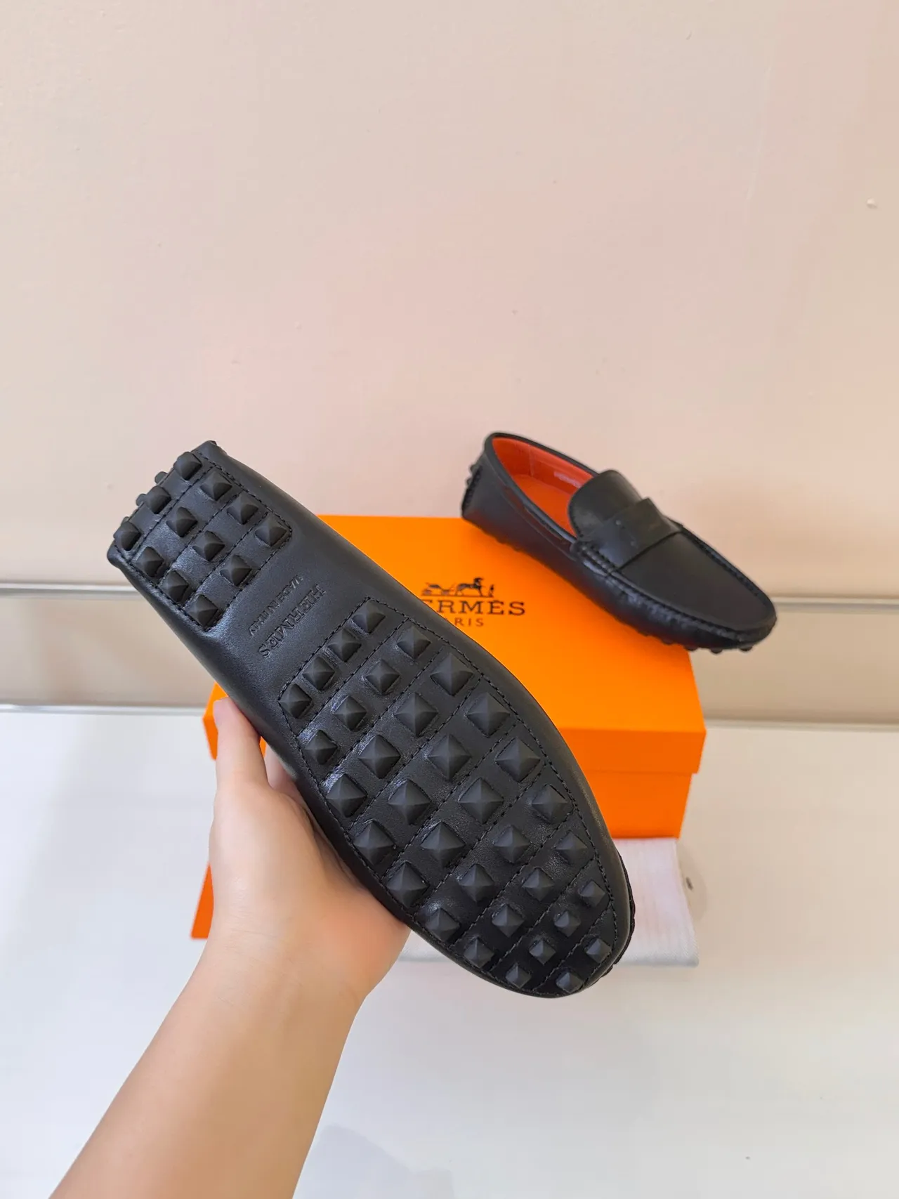 Hermès Oran Black Leather H-Logo Strap Loafers