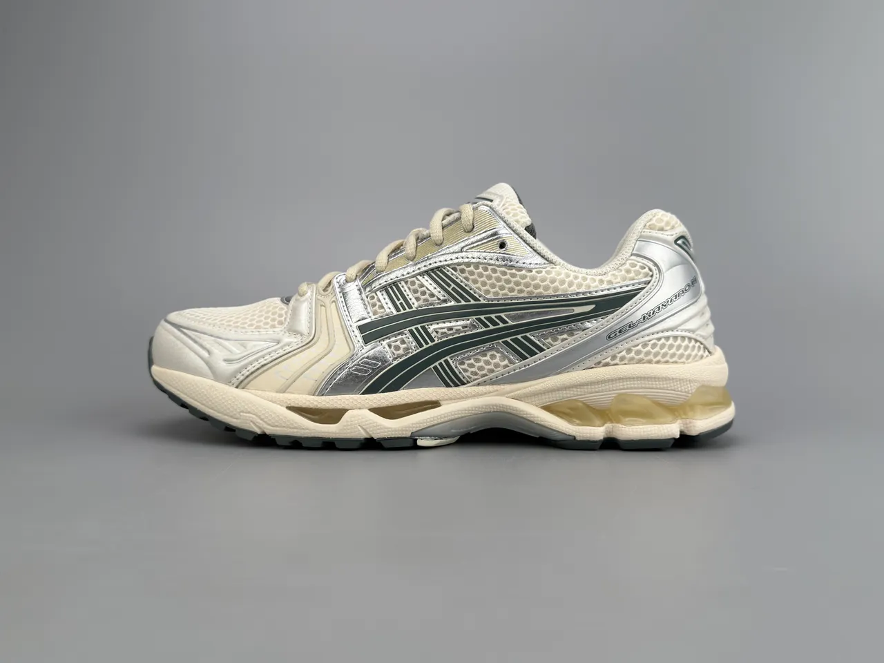 ASICS Gel-Kayano Beige Silver Mesh And Synthetic Overlay Upper Metallic Accents Running Shoes