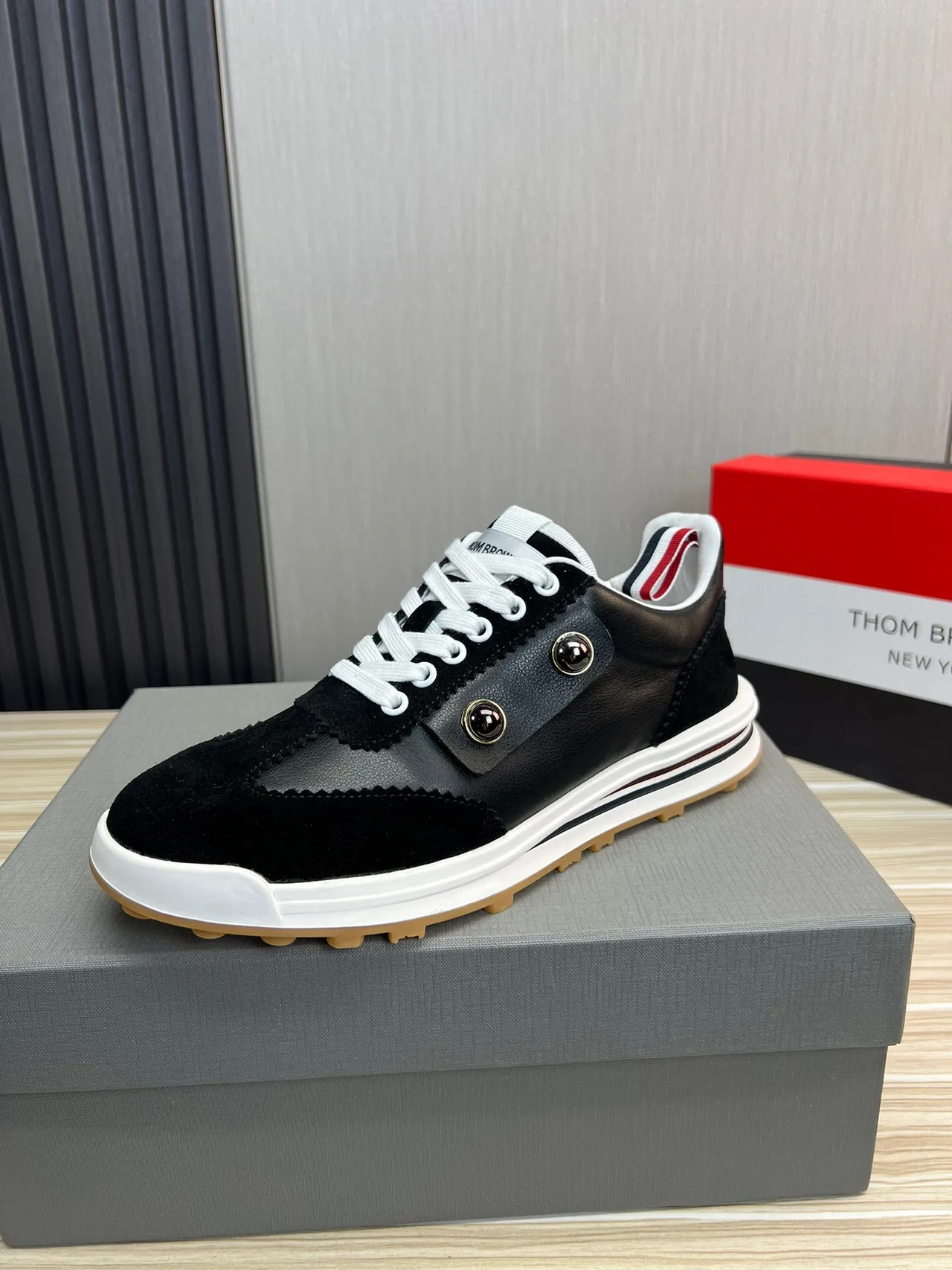 Thom Browne Button Strap Black Suede and Leather Lifestyle Sneaker
