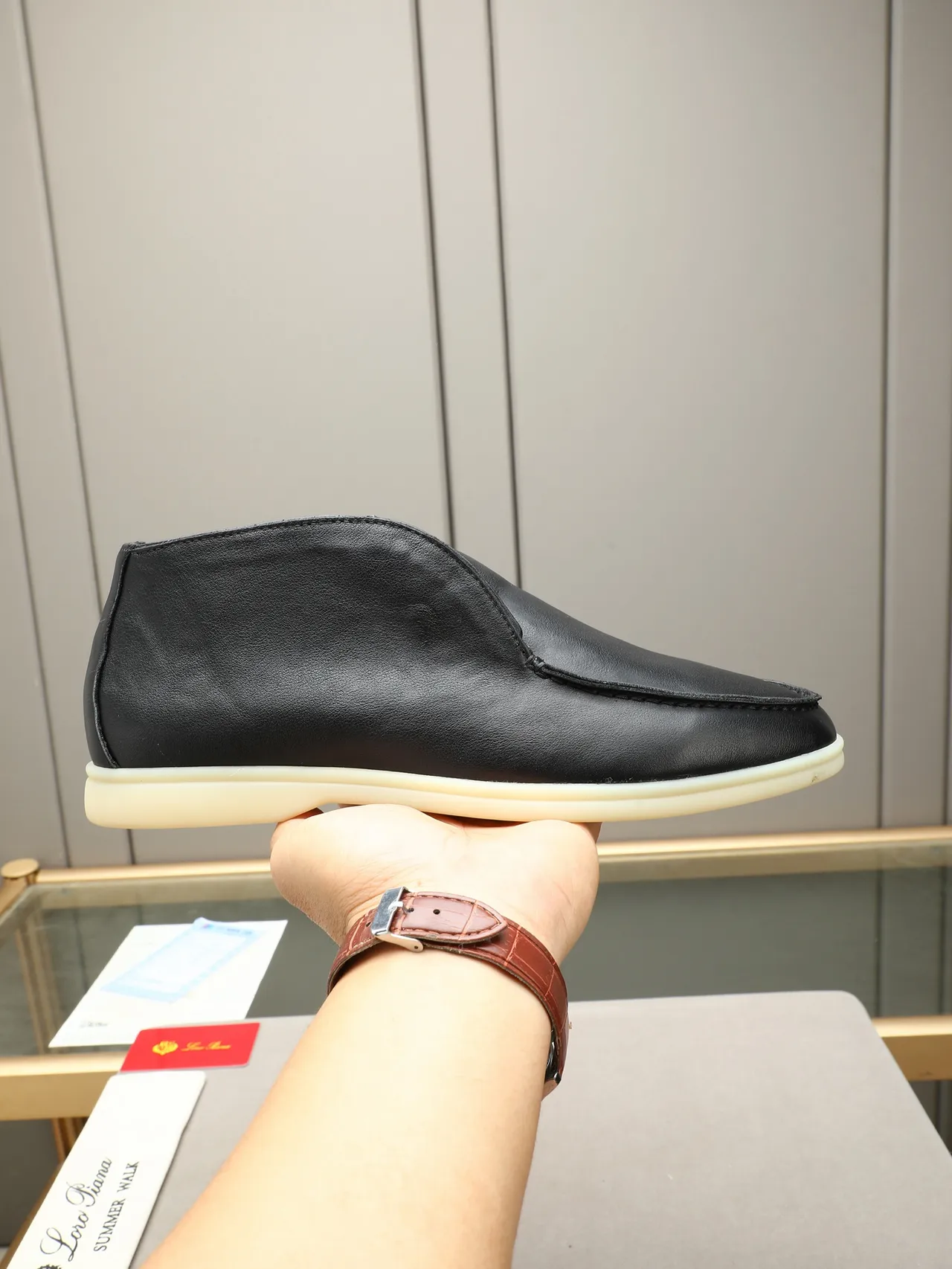 Loro Piana Summer Walk Black Leather Slip-On Loafers