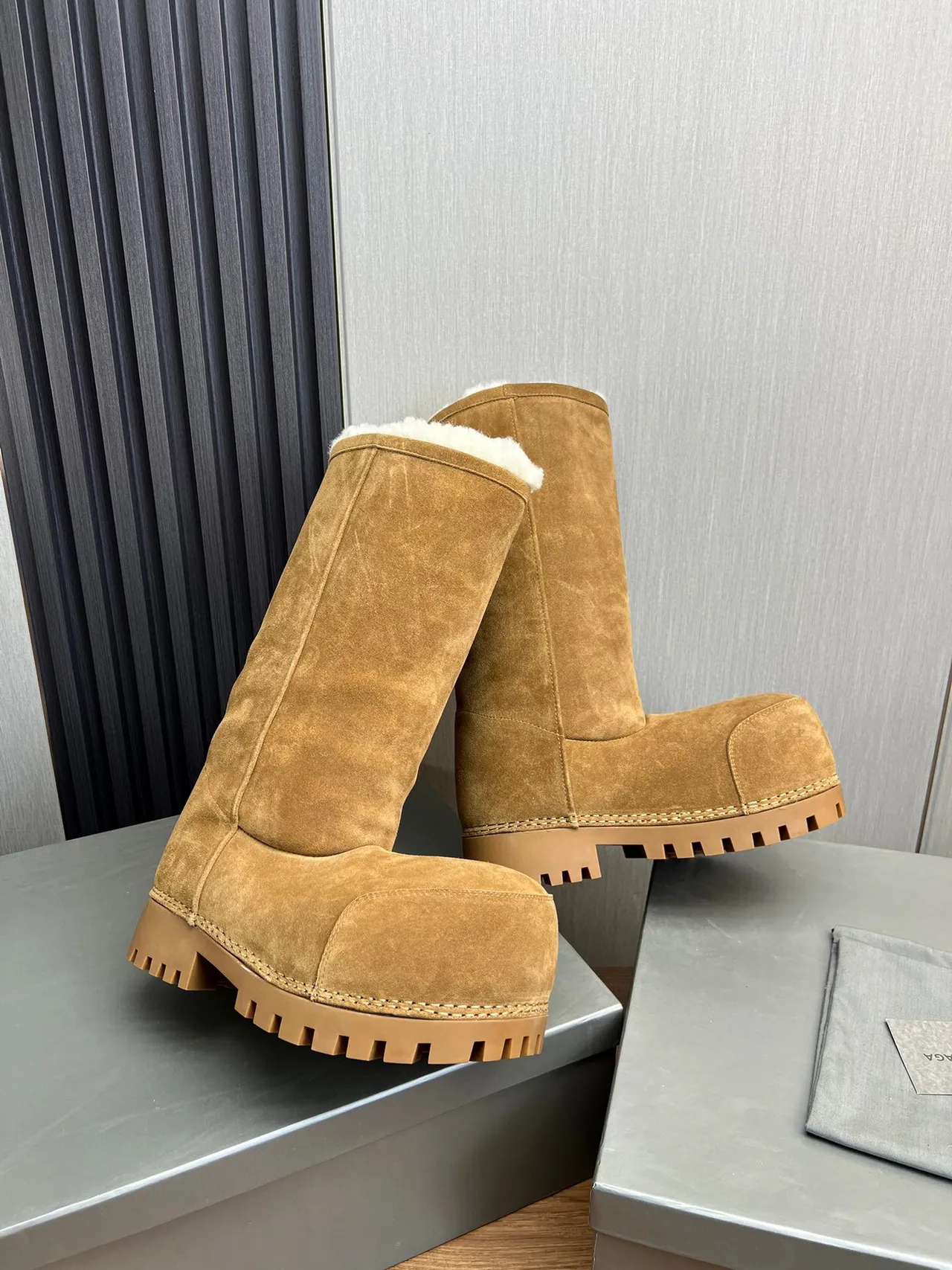 Balenciaga Defender Brown Beige Suede Shearling-Lined Knee Boots