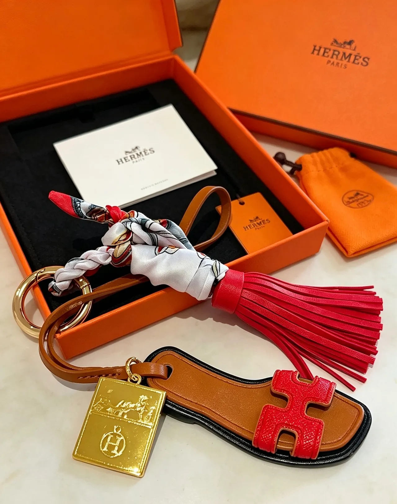Hermès Oran Red Brown H-Shaped Leather Motif Silk Scarf Knot Handbag