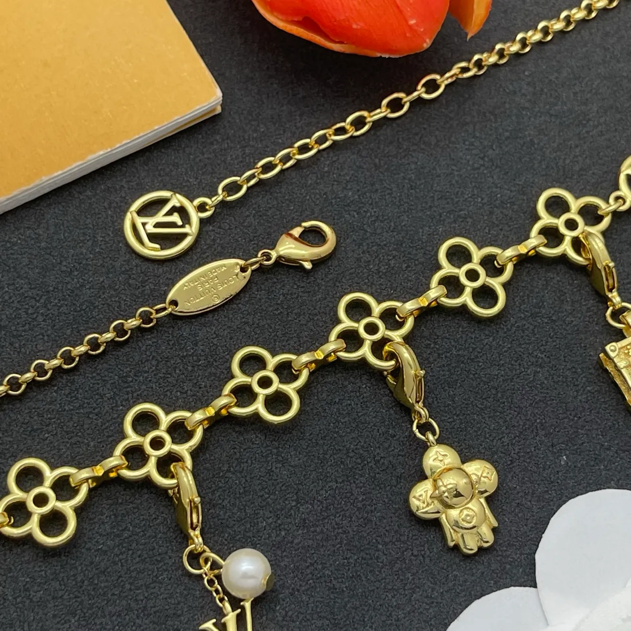 Louis Vuitton Gold Pink Floral-Link Chain Multi-Charm Pendant Design Necklace