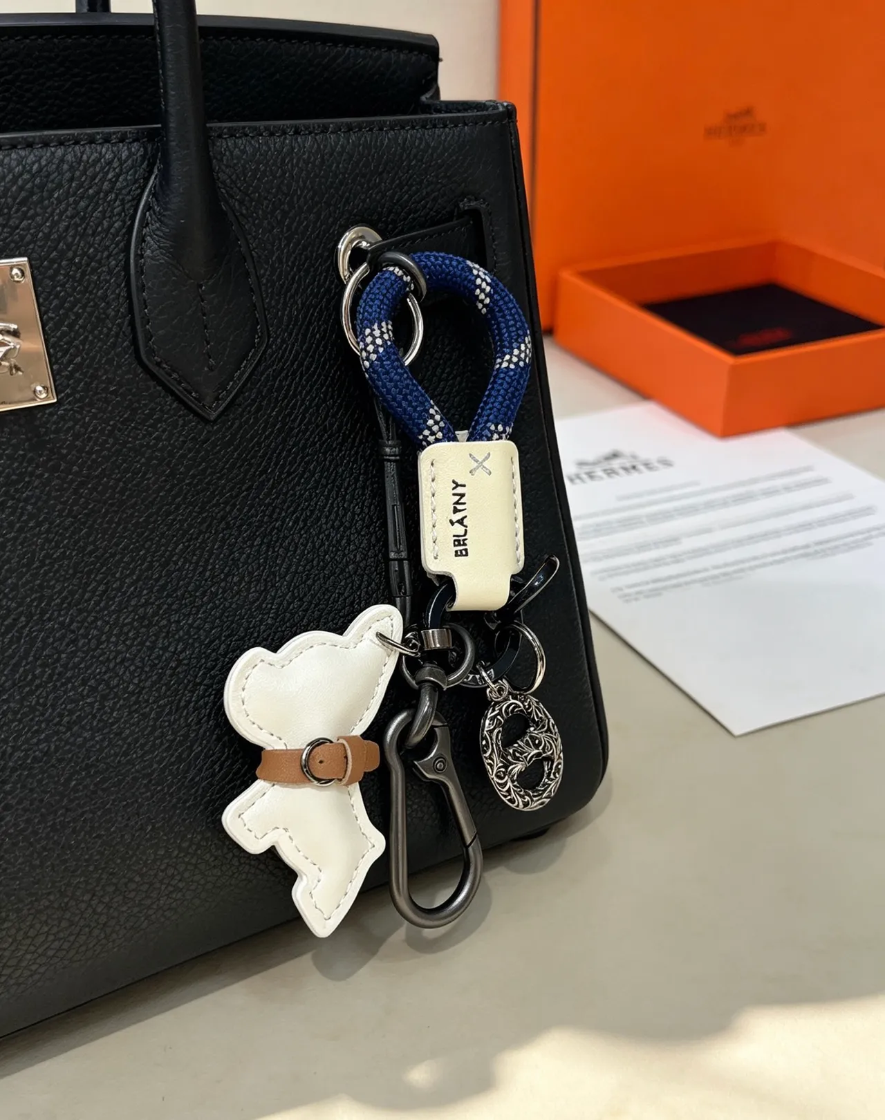 Hermès Dog Charm Keychain White Navy Leather Rope Loop Handbag