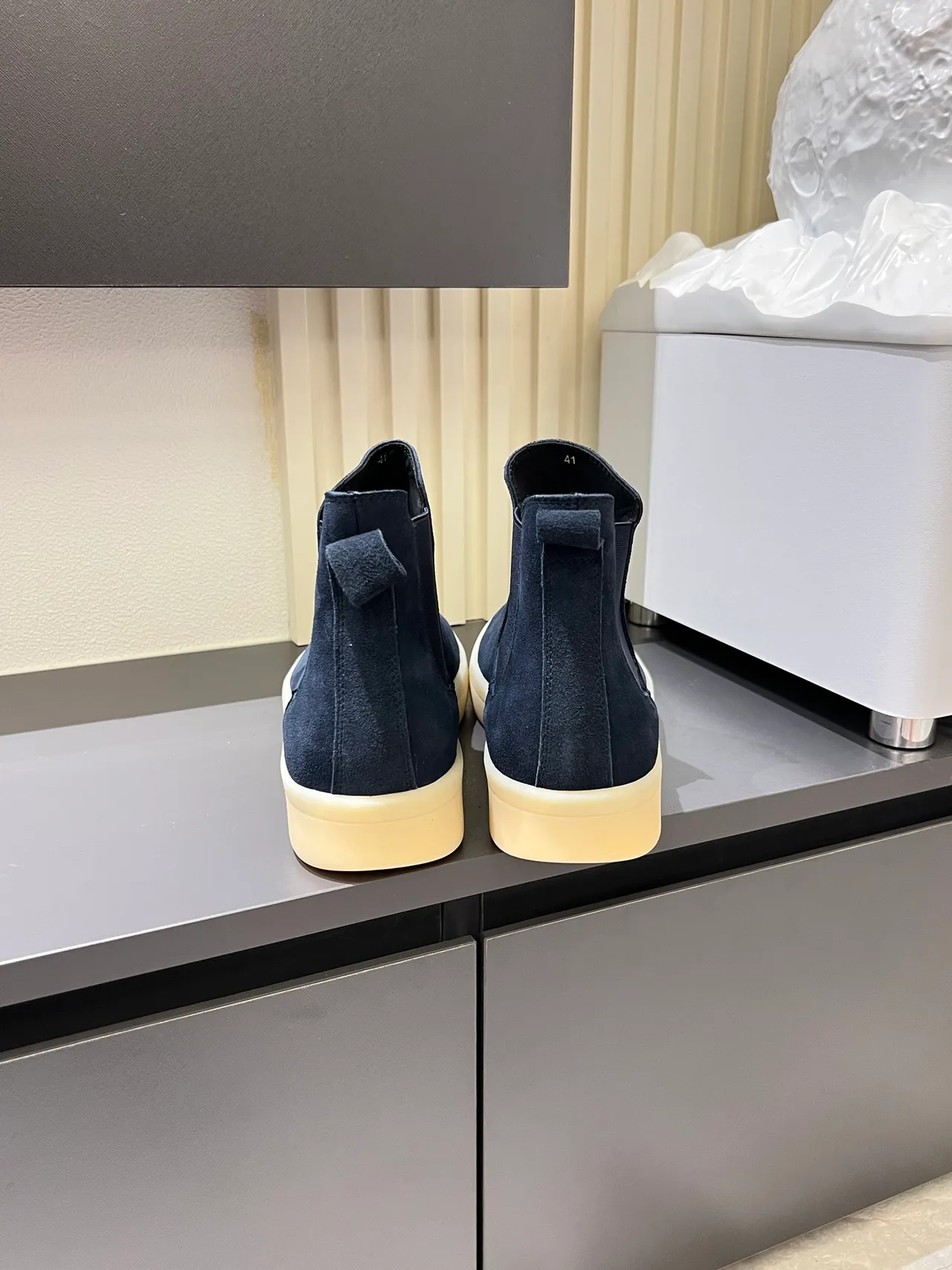 Navy Beige Suede Upper Elastic Side Gussets Chelsea Boots