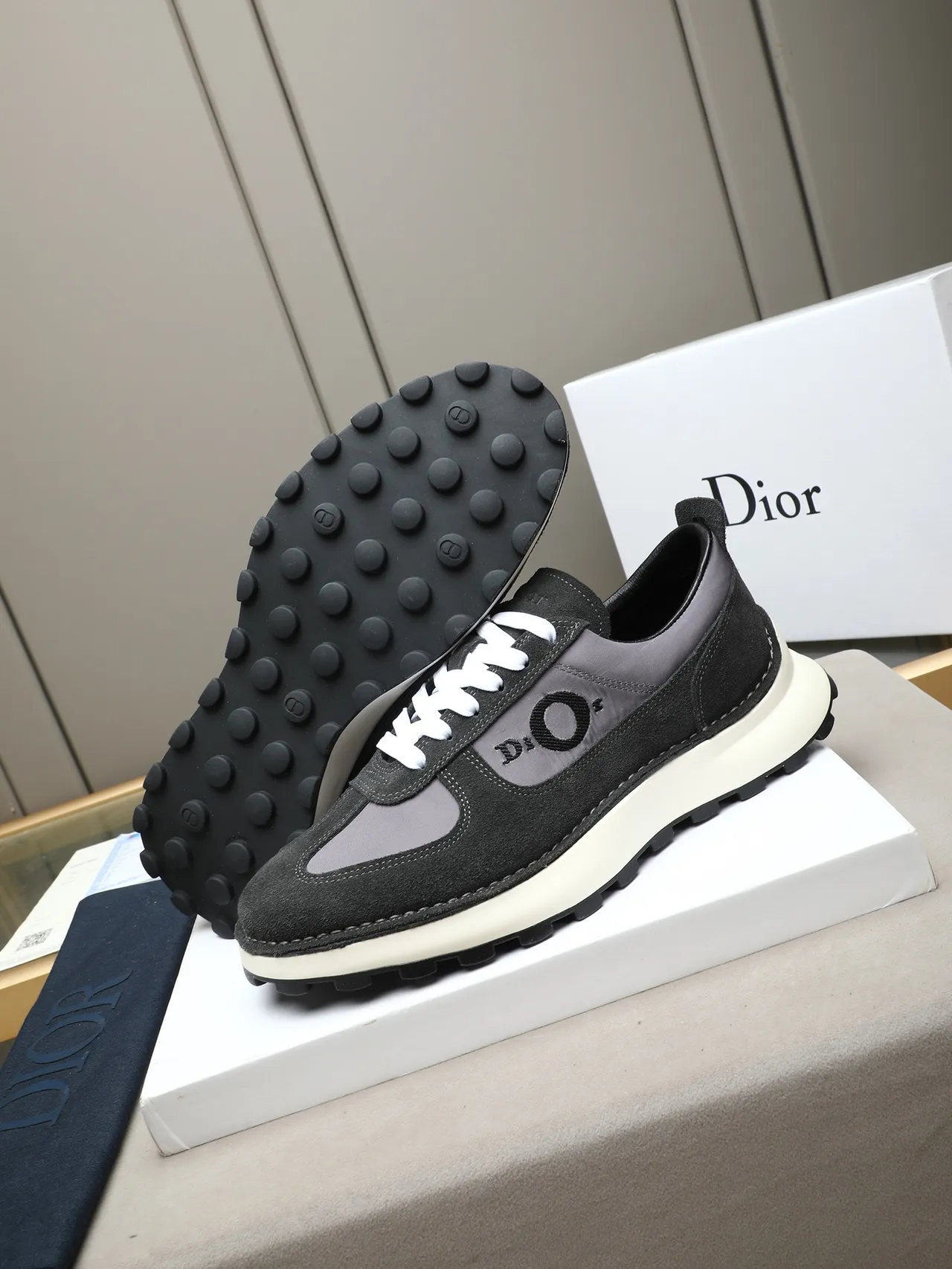 Dior Black Gray Suede And Mesh Upper Embroidered Oblique Logo Lifestyle Sneakers