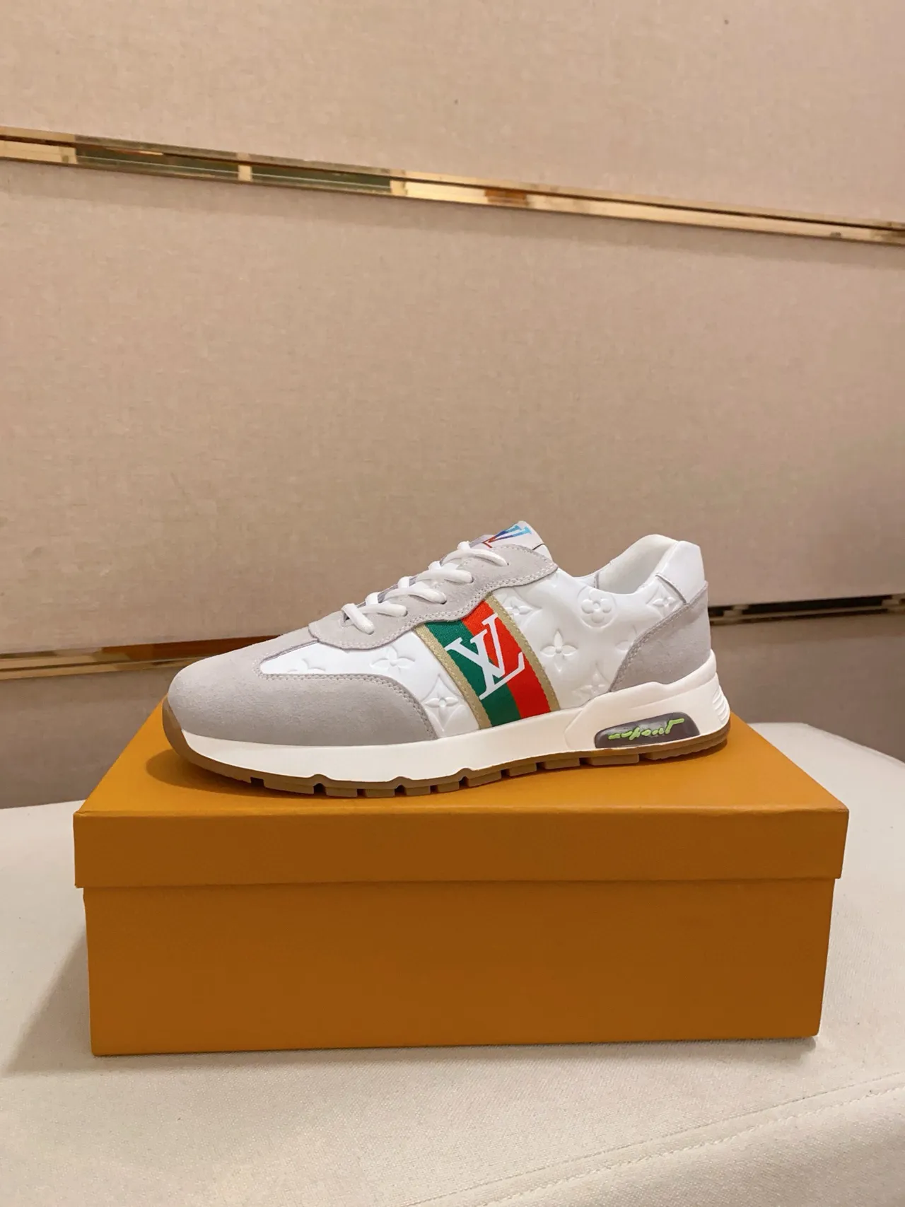 Louis Vuitton White Gray Embossed Monogram Leather Red-Green Stripe Lifestyle Sneakers