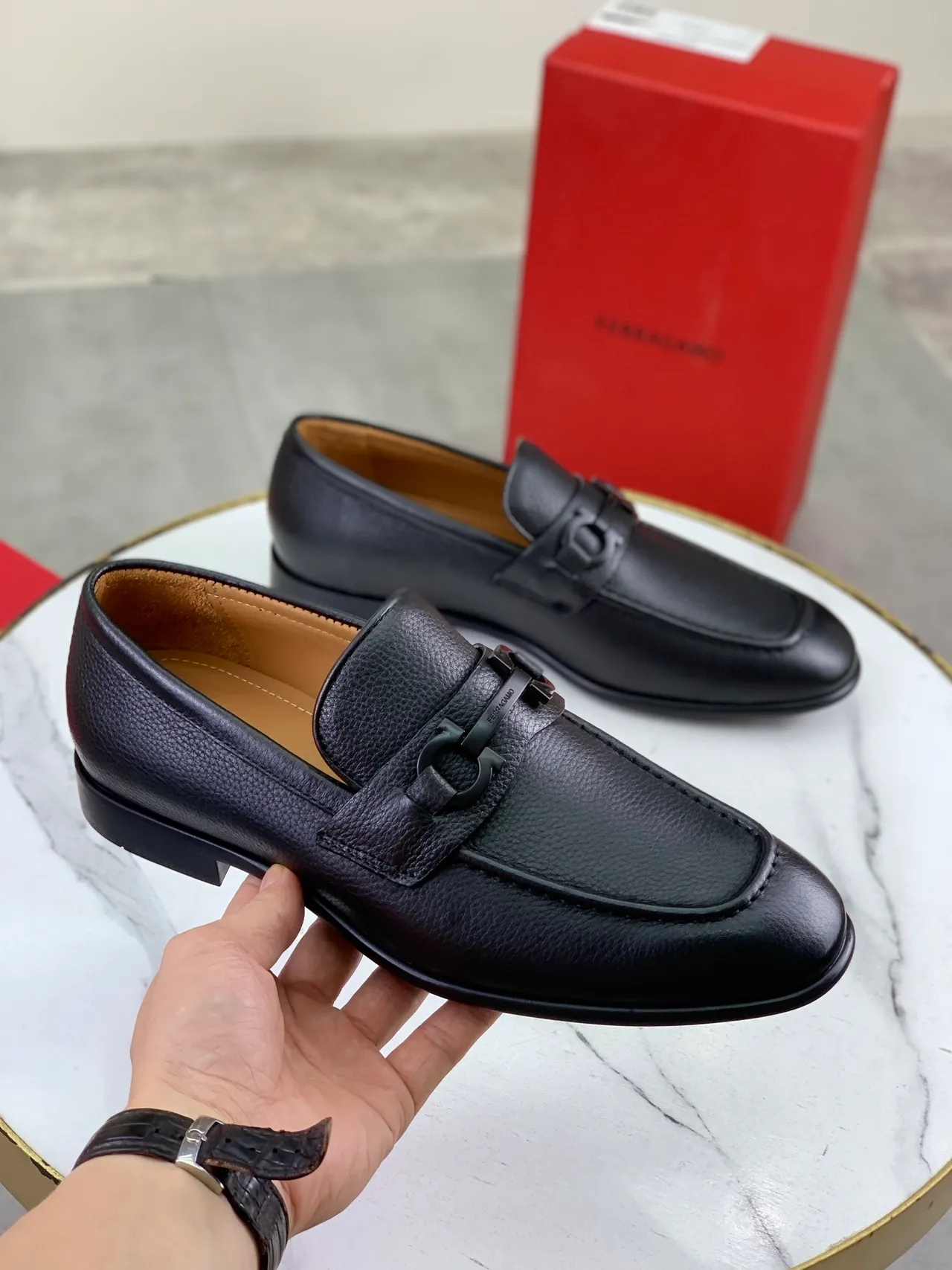 Salvatore Ferragamo Gancini Loafer Black Pebbled Leather Square Toe Loafers
