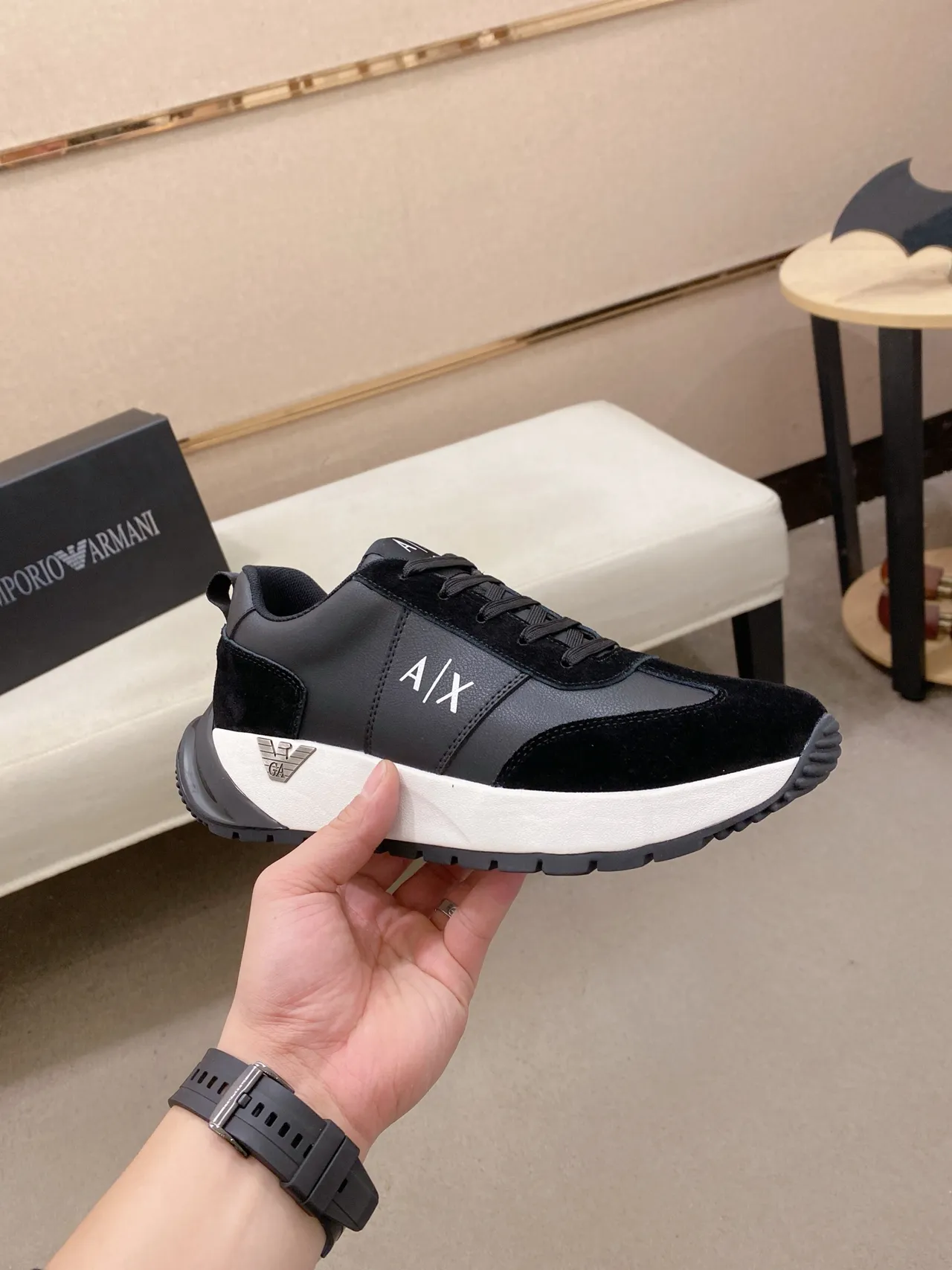 Armani Exchange Black Suede and Leather Platform Lifestyle Sneaker