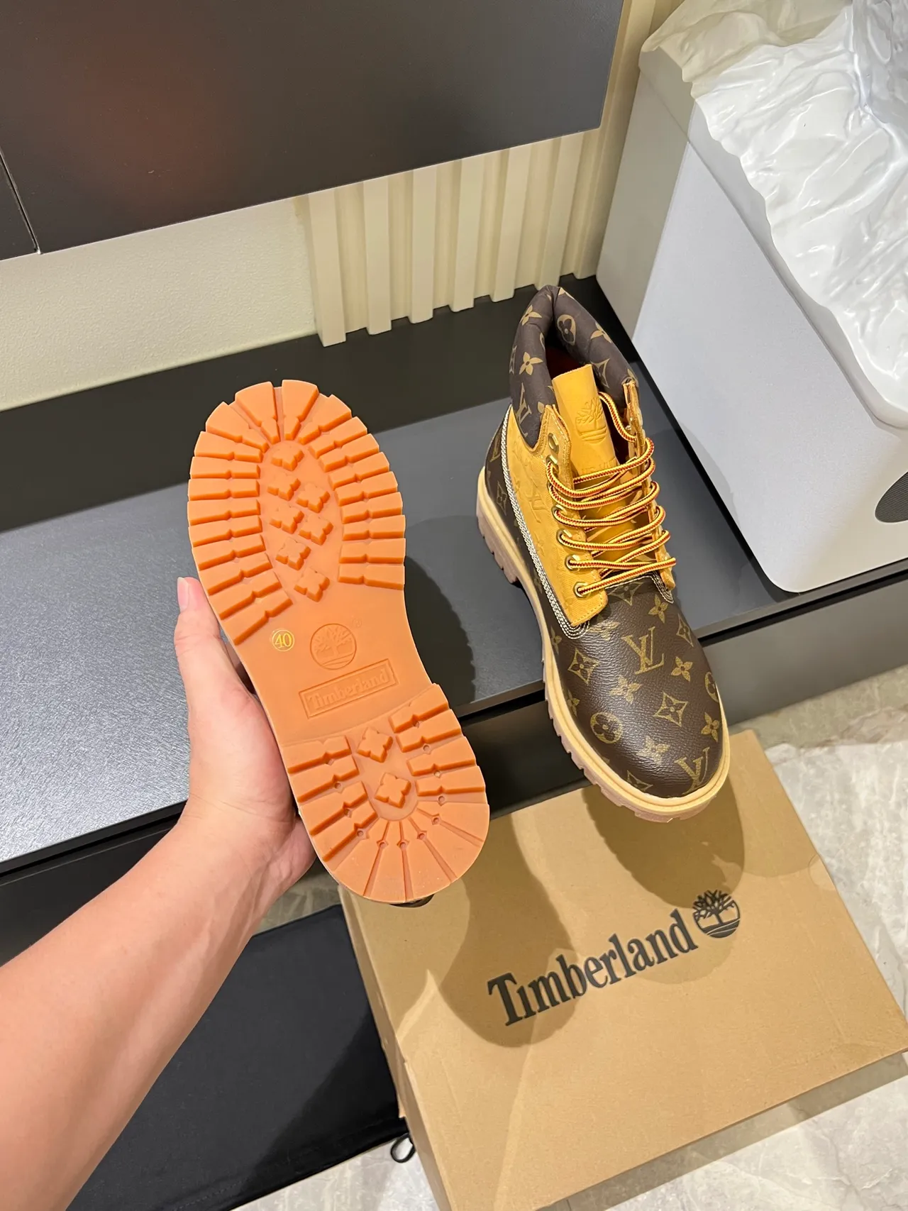 Timberland Premium 6-Inch Monogram Canvas and Yellow Work Boots