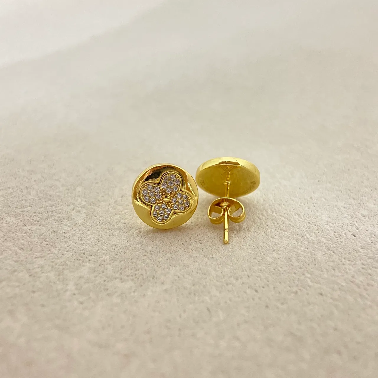 Gold Silver Circular Stud Four-Petal Flower Motif Earrings